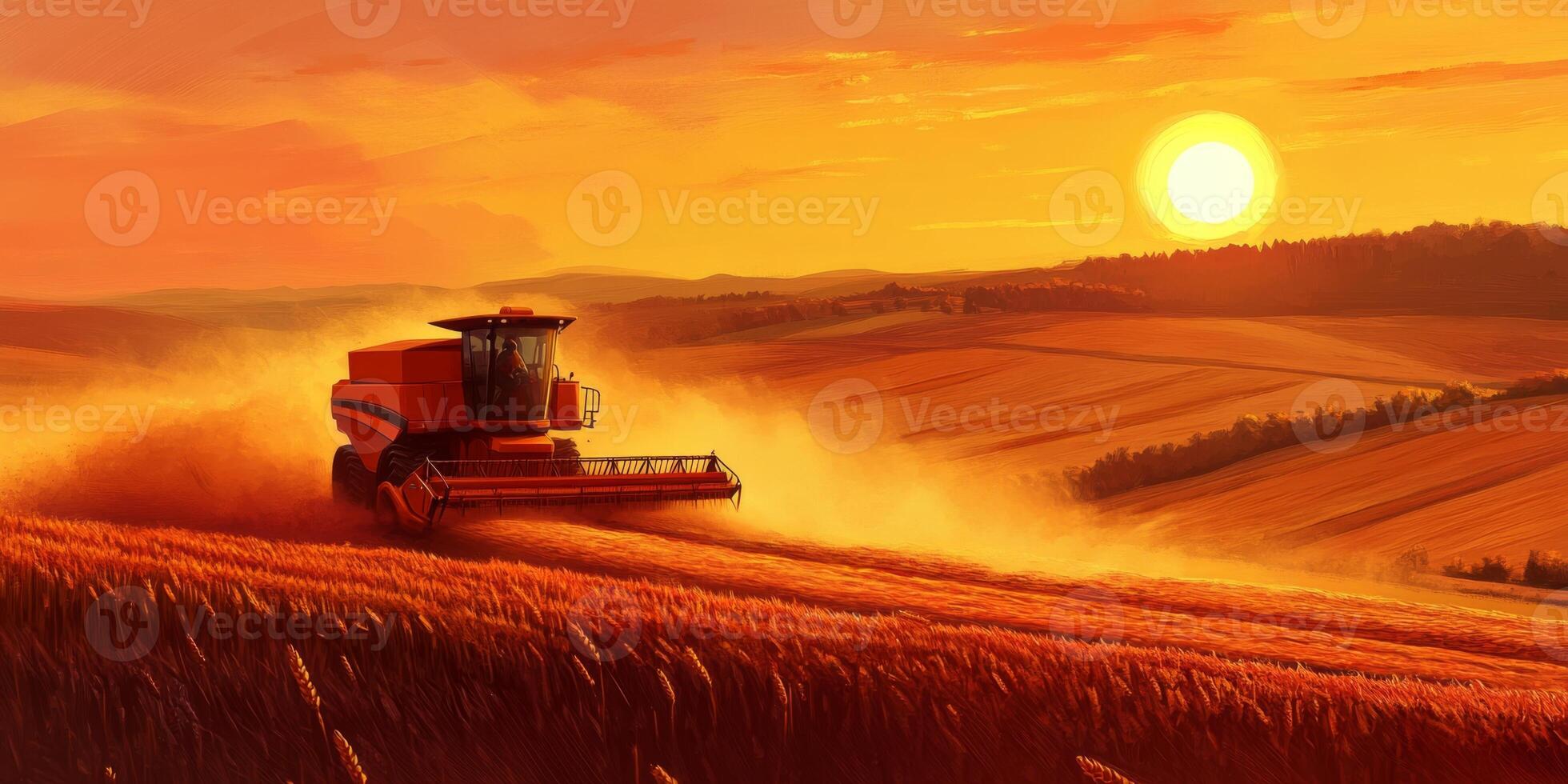 Sunset Harvest Scene with Combine Harvester in Golden Wheat Field, Agricultural Machinery Working Against Warm Horizon, Scenic Farming Landscape photo