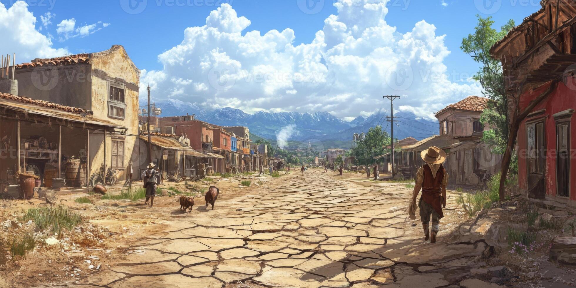 Serene Deserted Street View in Old Western Town with Mountains and Blue Sky in Background on Bright Sunny Day photo