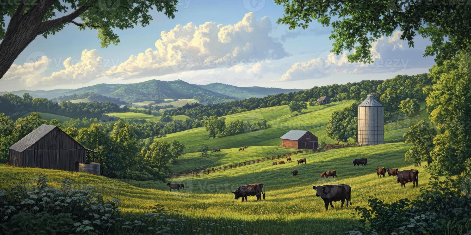 Serene Pastoral Landscape with Grazing Cows, Rolling Hills, Rustic Barns, Silo, Green Fields, and Dramatic Sky in Rural Countryside photo