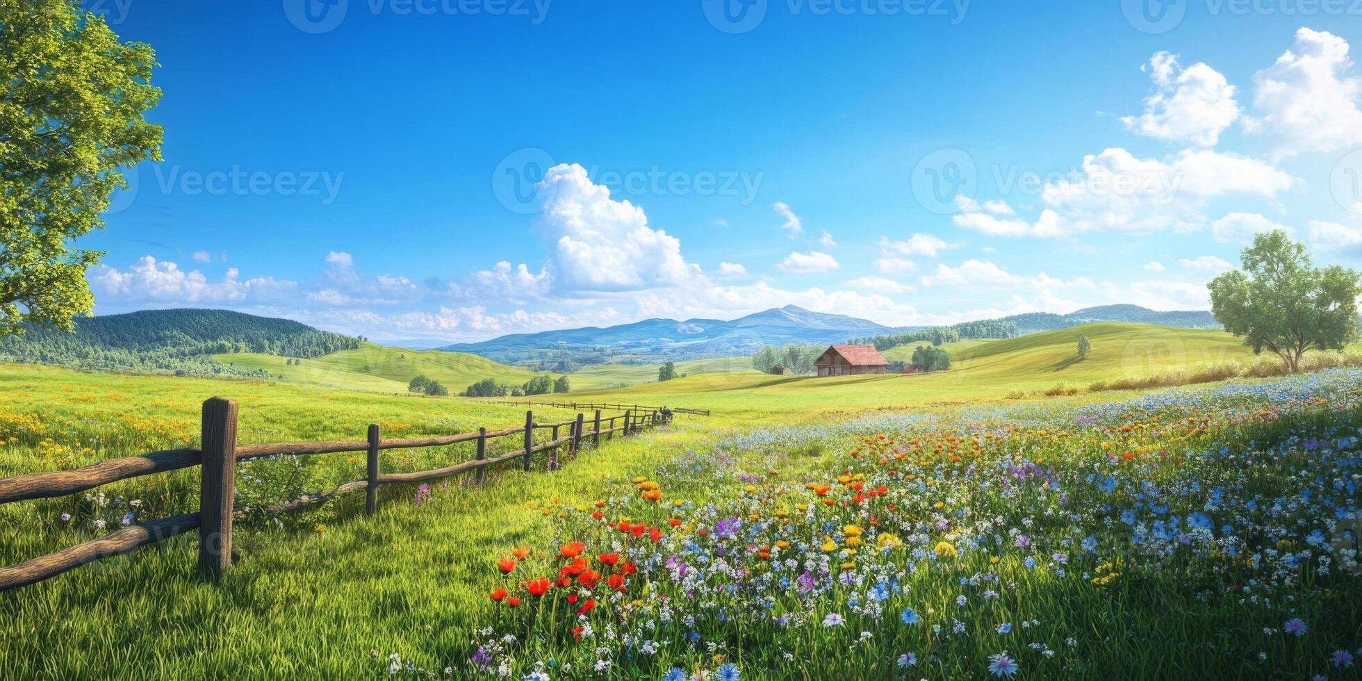 Expansive Spring Landscape with Vibrant Wildflowers, Rolling Hills, Clear Blue Sky, and Quaint Barn in Beautiful Countryside Region photo