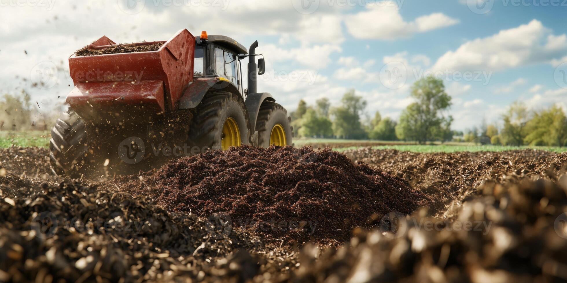 Tractor Spreading Organic Fertilizer on Agricultural Field with Blue Sky and Green Trees in Background for Sustainable Farming Practices photo