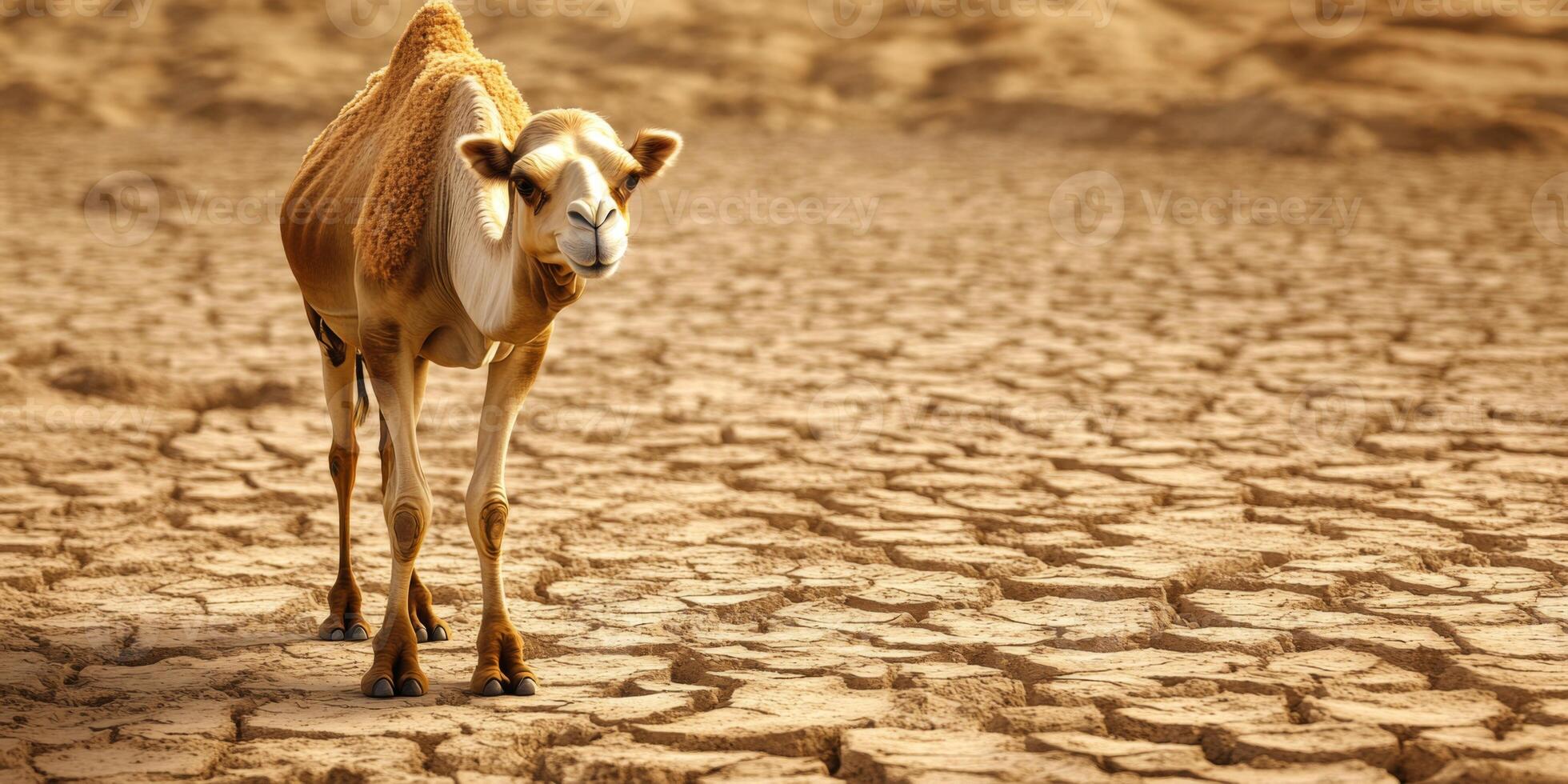Lonely Camel Stands on Parched Ground of Cracked Earth Under Hot Desert Sun, Symbolizing Climate Change and Drought Challenges photo