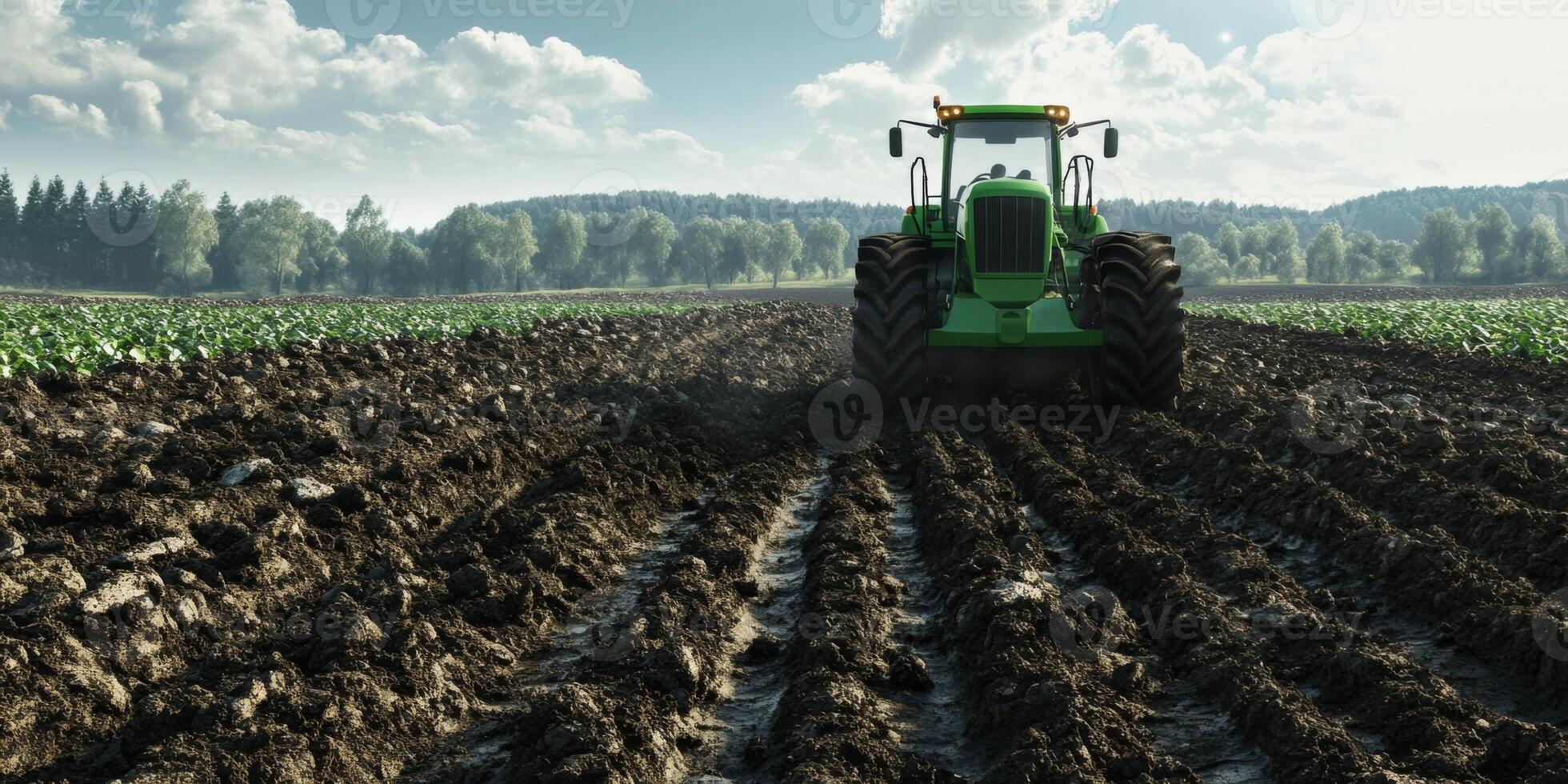 Majestic Green Tractor Tilling Fresh Soil under Blue Sky in Expansive Agricultural Landscape with Lush Trees and Gentle Hills in Background photo