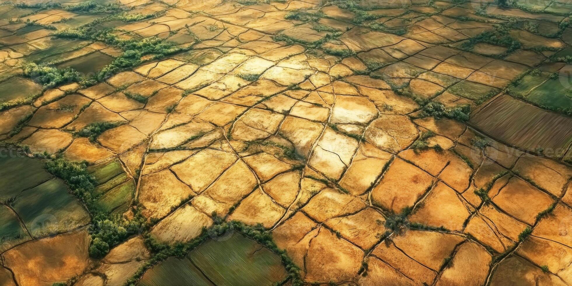 Aerial View of Agricultural Fields with Varied Soil Patterns and Textures Highlighting Nature's Landscape and Farming Practices Under Bright Sunlight photo