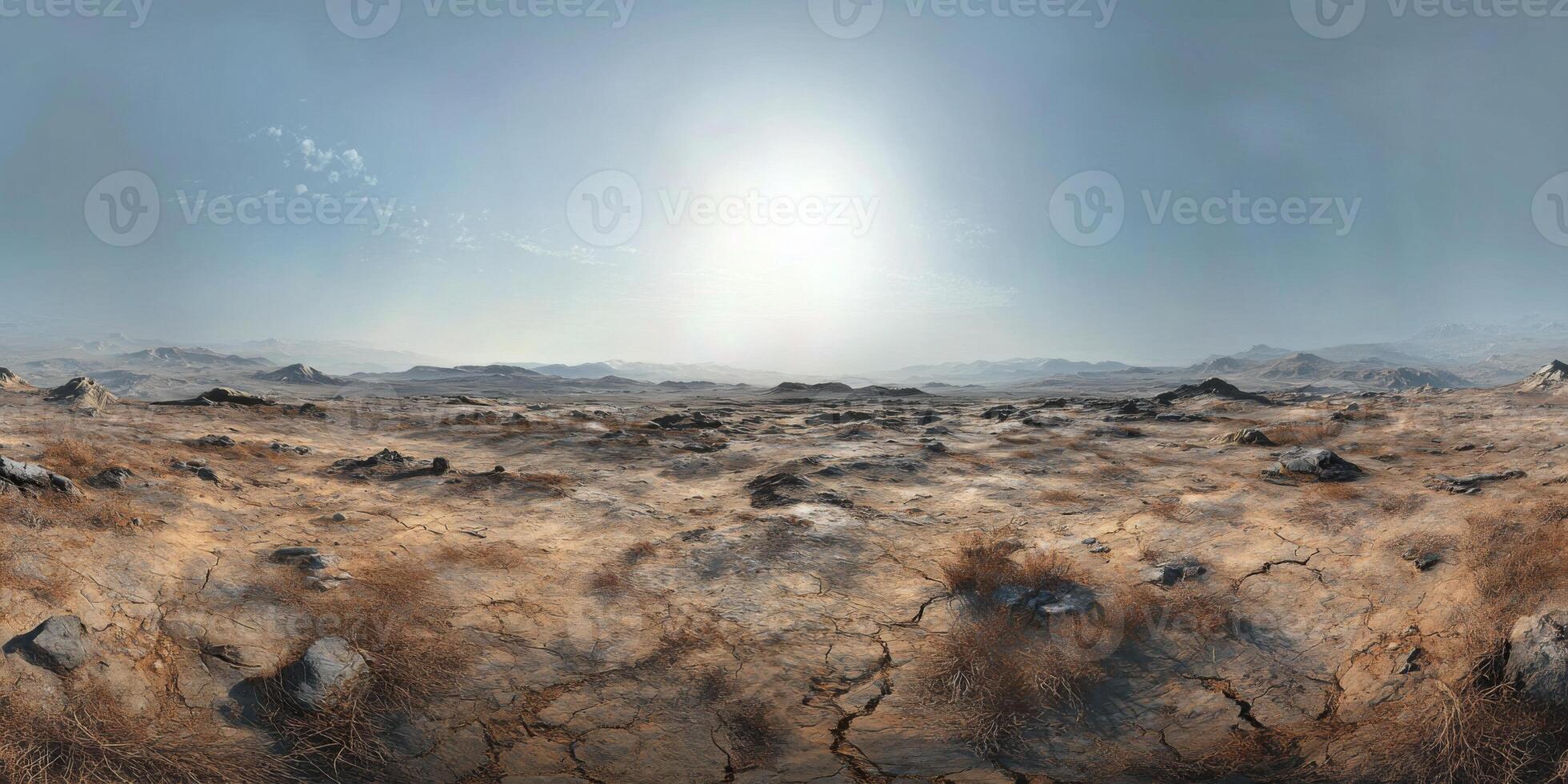 Vast Arid Landscape with Cracked Earth and Sunlight in the Background, Ideal for Environmental and Nature Themes, Depicting Dry and Harsh Conditions photo