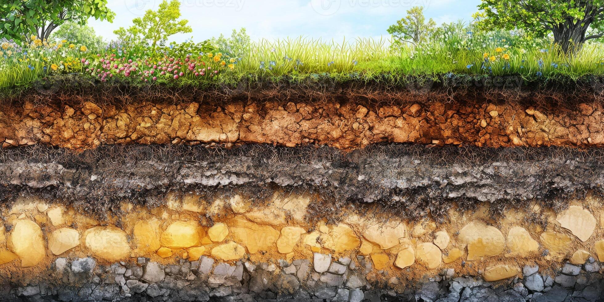 Detailed Cross-Section of Soil Layers Showing Different Textures, Colors, and Vegetation with Trees and Flowers Above Ground photo