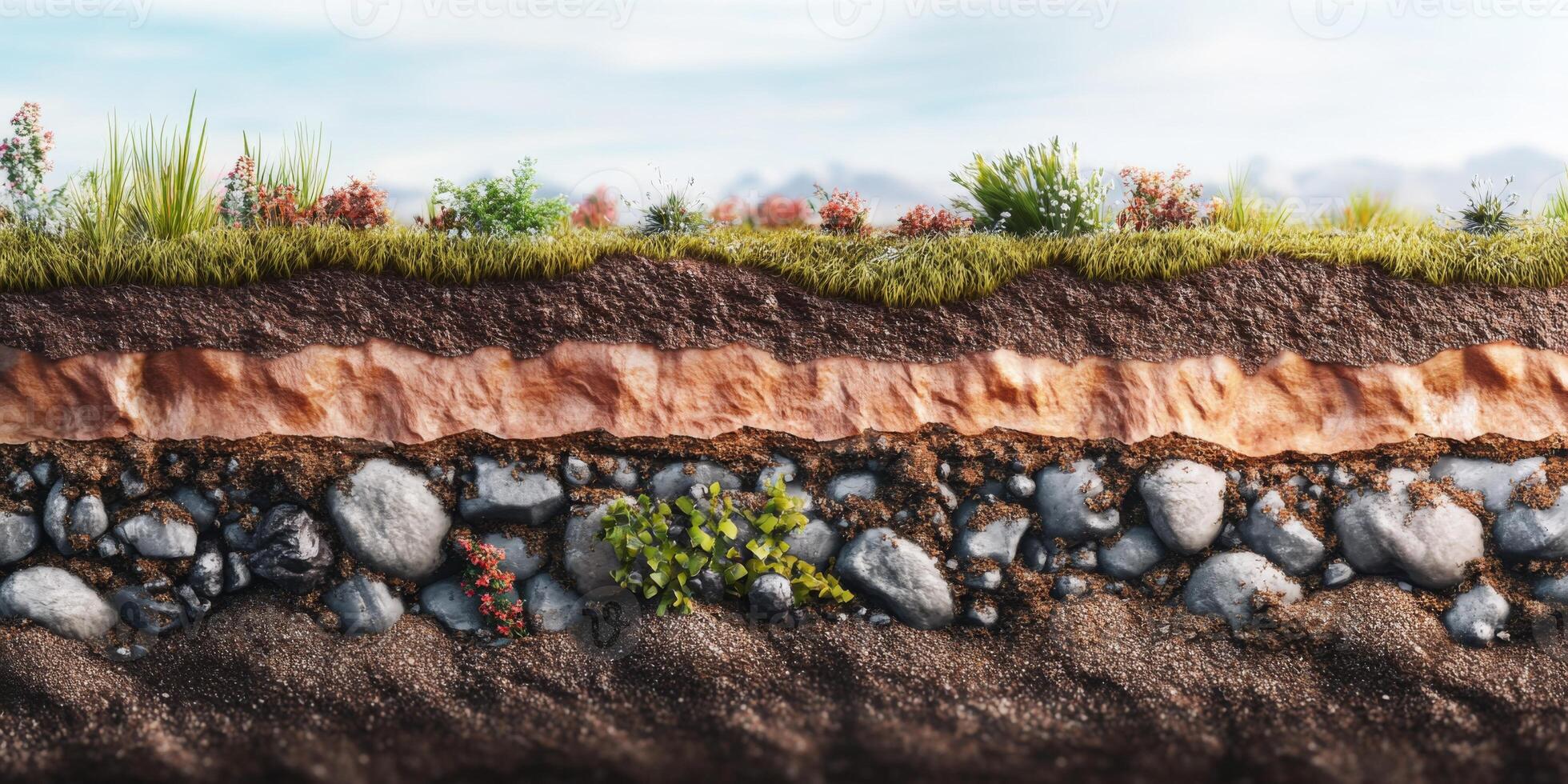 Cross-section of soil layers showing diverse vegetation, rocks, and minerals, illustrating the complexity of terrestrial ecosystems and their interactions photo