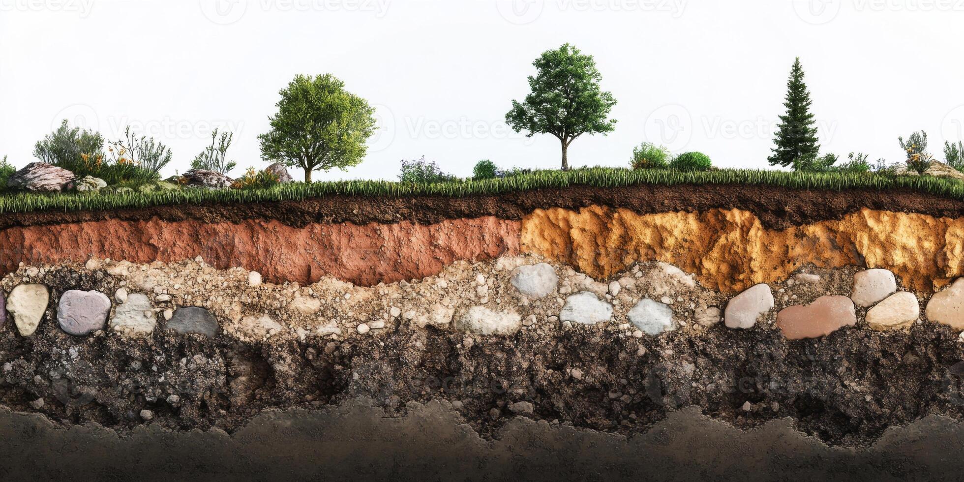 Cross-section of soil layers showcasing various textures and colors, featuring rocks, plants, trees, and diverse geological formations in a natural landscape photo
