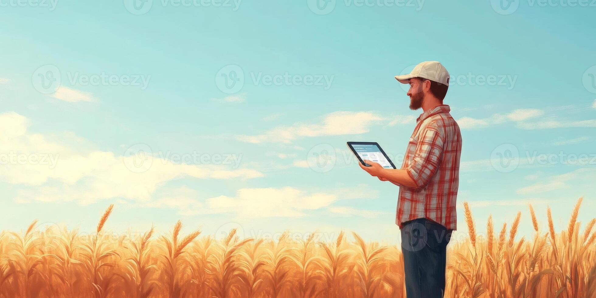 Young farmer standing in golden wheat field using tablet device, modern agriculture technology for smart farming and crop management, sunny sky backdrop photo