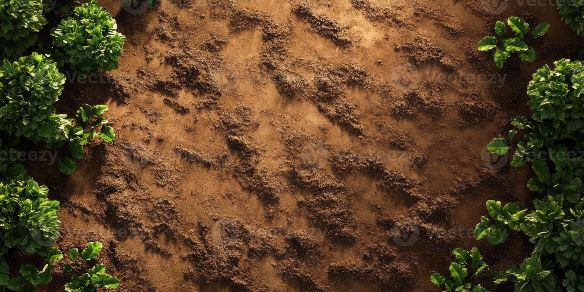 Lush green plants surrounding rich, textured soil creating a natural garden landscape for agricultural, seasonal, or earth-themed projects and designs photo