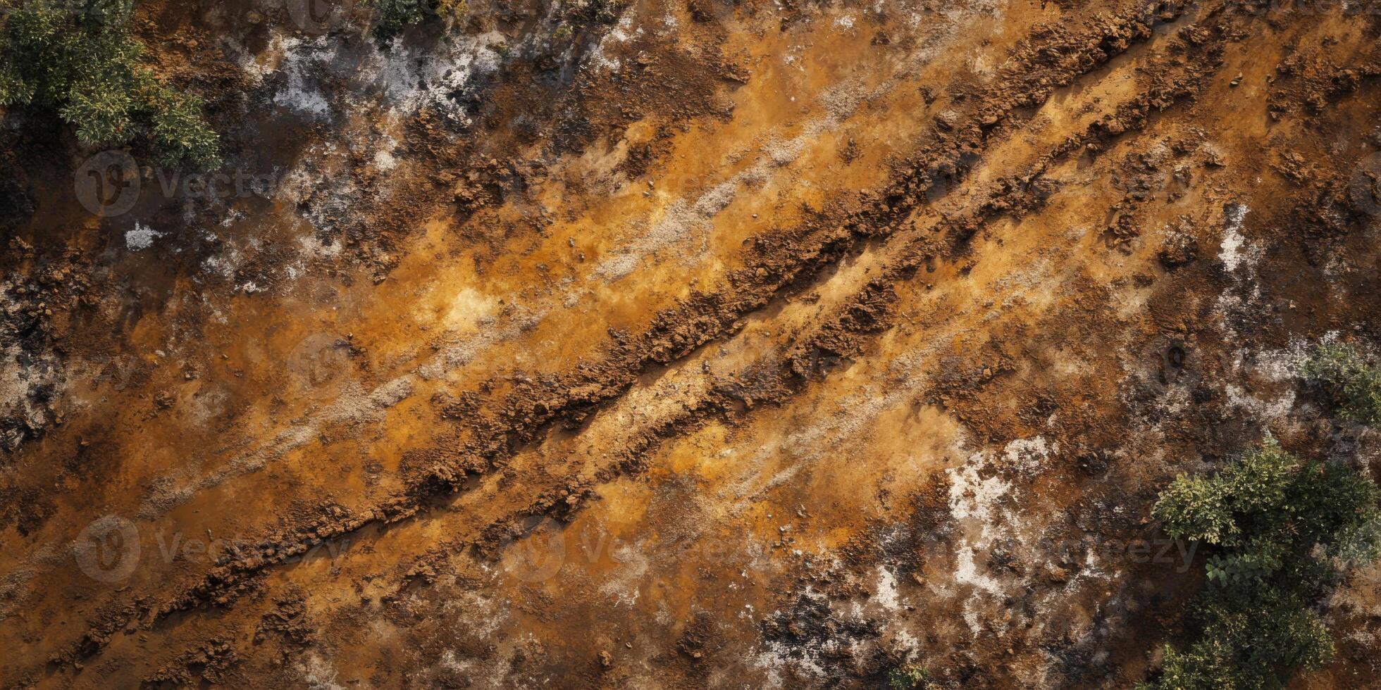 Aerial View of Eroded Soil and Track Marks on a Rural Landscape Showcasing Natural Earth Tones and Organic Textures in Agricultural Environment photo