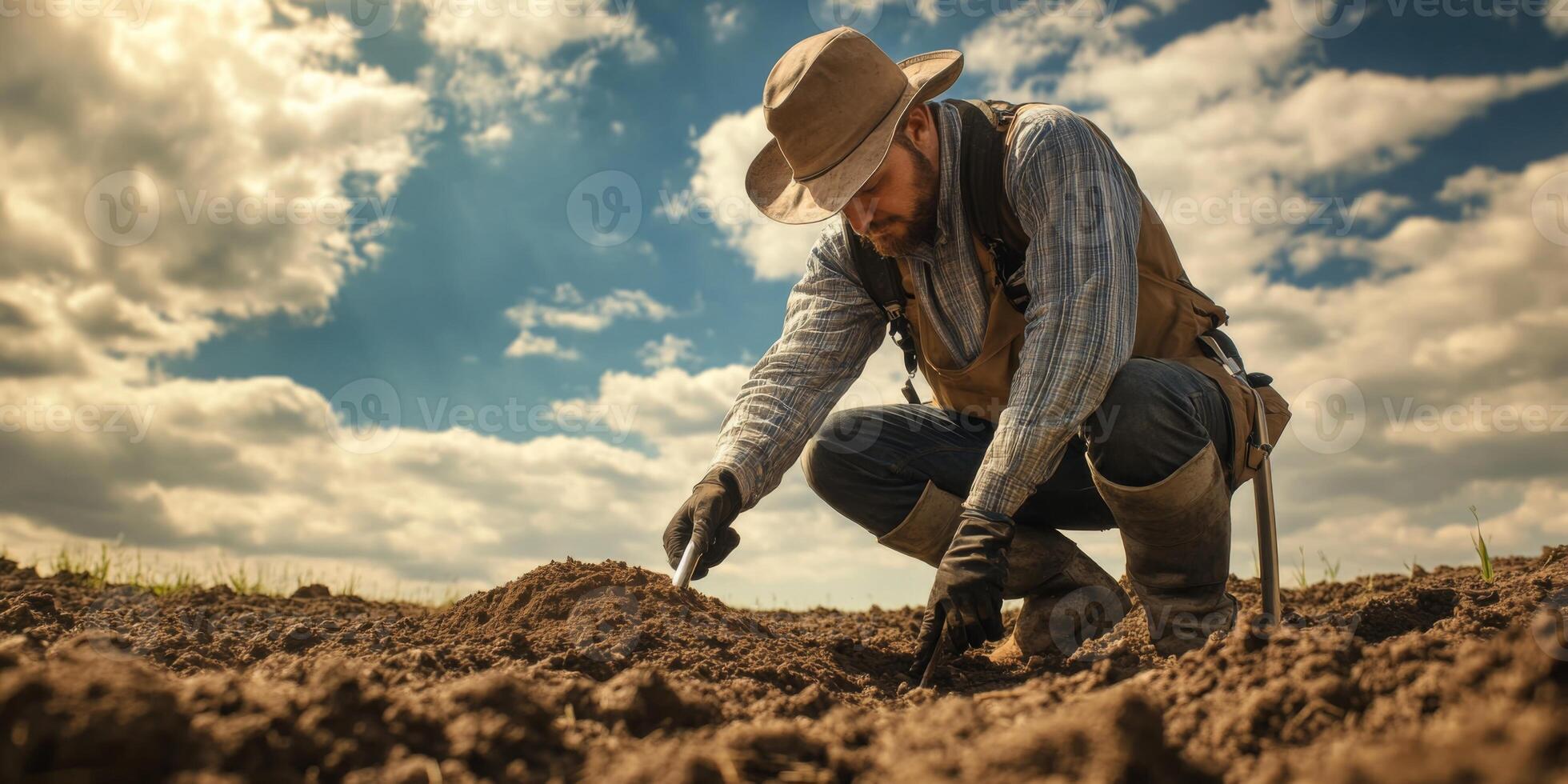 Farmer Cultivating Soil Under Bright Blue Sky with Puffy Clouds, Wearing Hat and Gloves, Focused on Planting and Agriculture in Rural Landscape photo