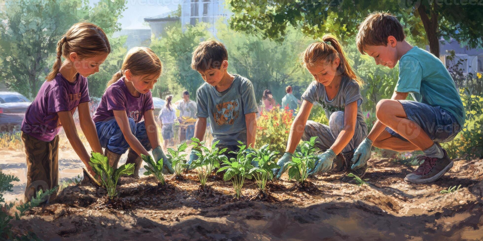 Children Engaged in Gardening Activity with Fresh Vegetables in a Community Garden, Hands-on Learning in Outdoor Environment, Joy of Nature photo