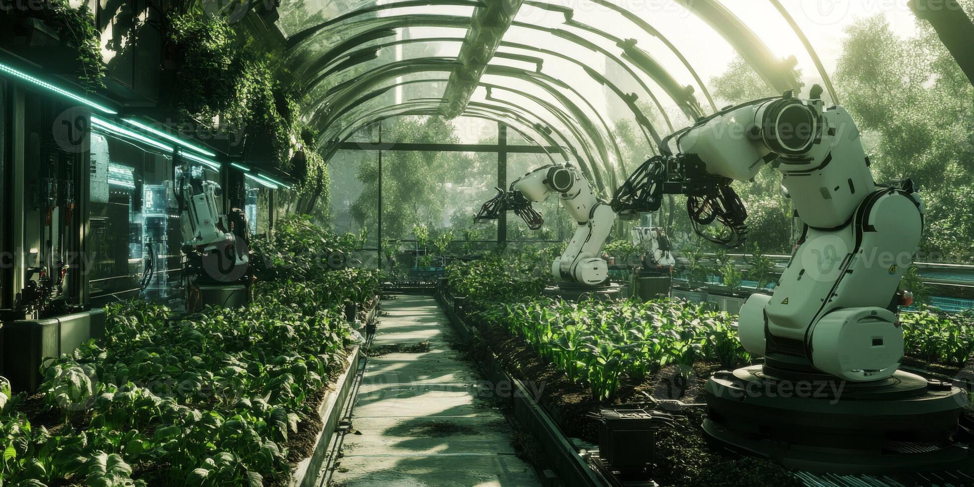 Futuristic robotic technology in a greenhouse with advanced automation systems working on plants in a lush, vibrant, and sustainable environment photo