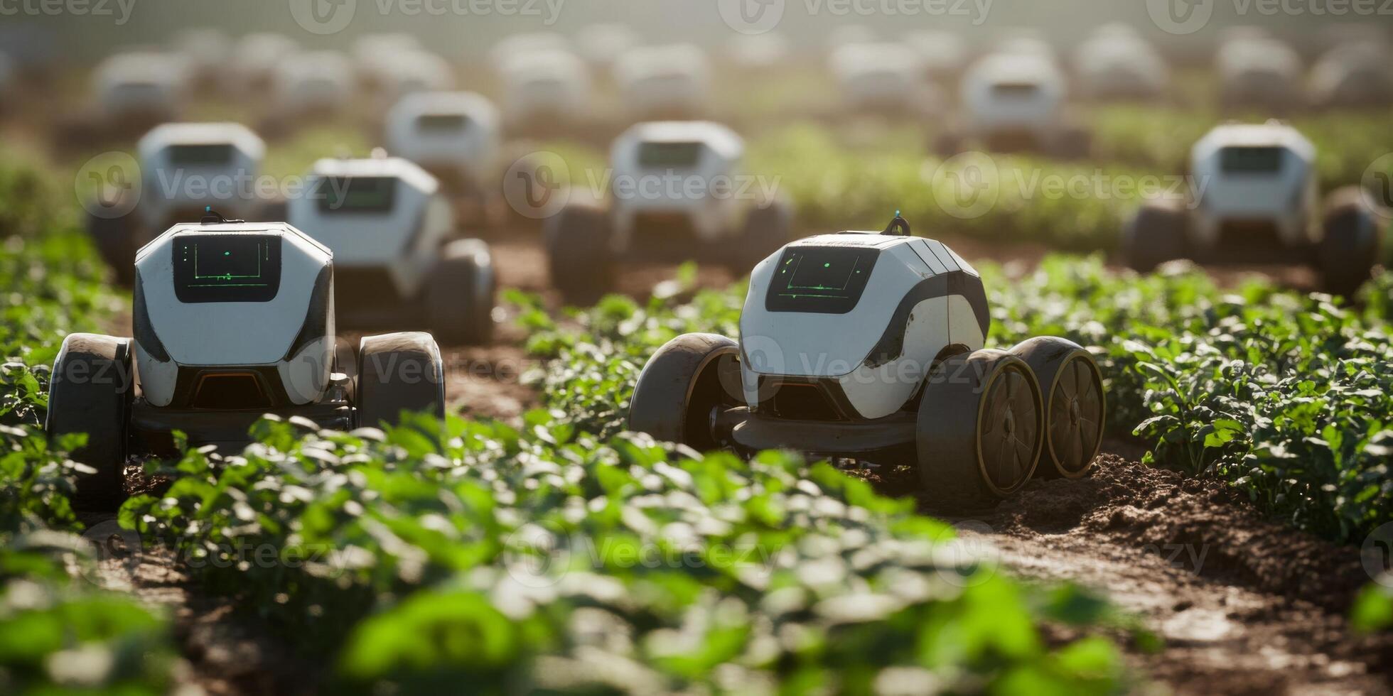 Autonomous Farming Robots in a Lush Field of Green Crops Utilizing Technology for Sustainable Agriculture and Efficient Resource Management photo