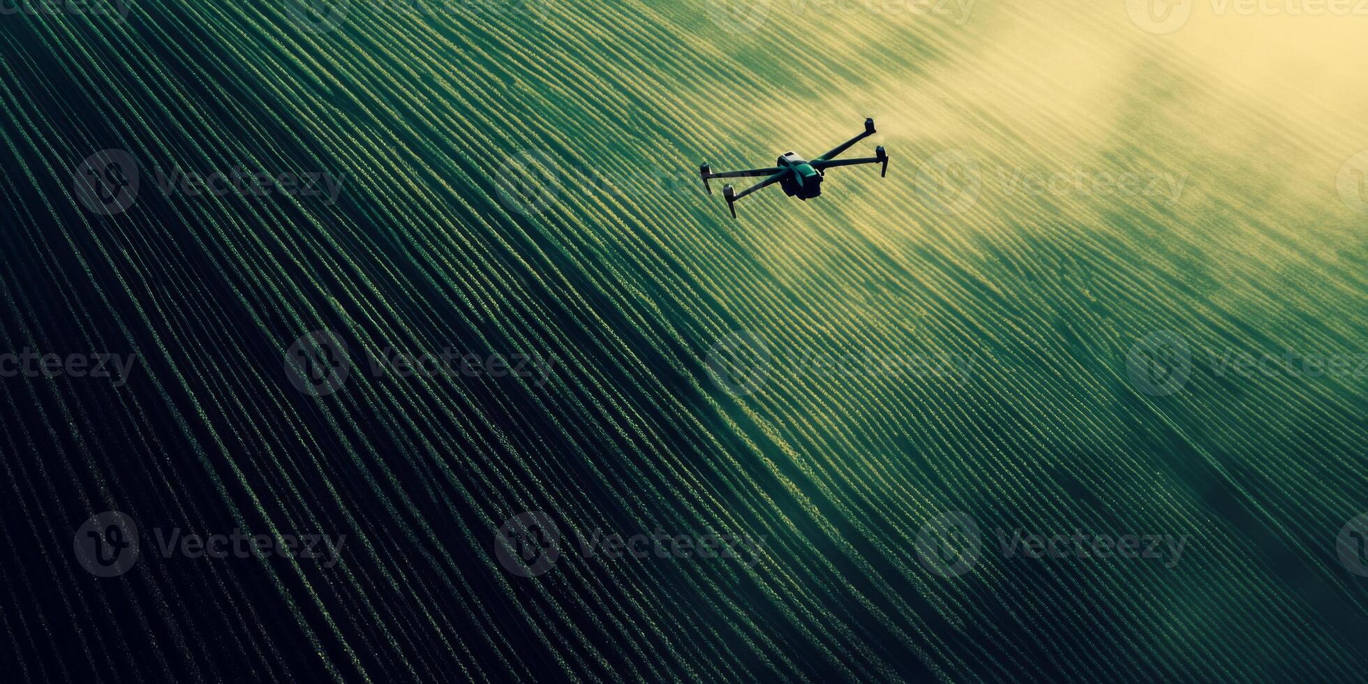 Aerial View of a Drone Gliding Over Green Agricultural Fields at Sunset, Capturing Nature's Beauty and Precision Technology in Harvesting photo