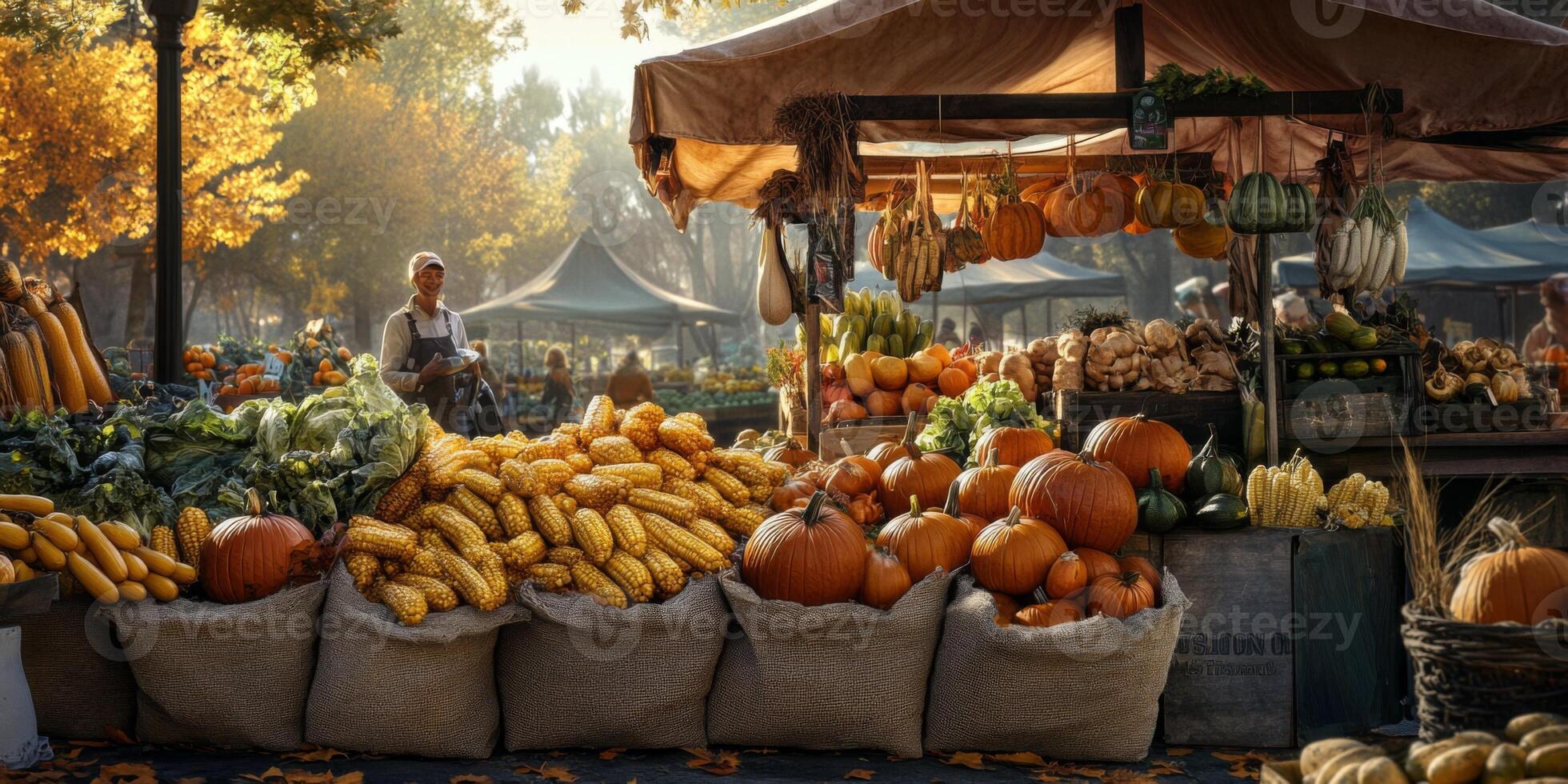 Colorful Farmers Market Displaying Fresh Vegetables and Autumn Harvest Fruits Under Warm Sunlight with Vibrant Fall Foliage in Background photo