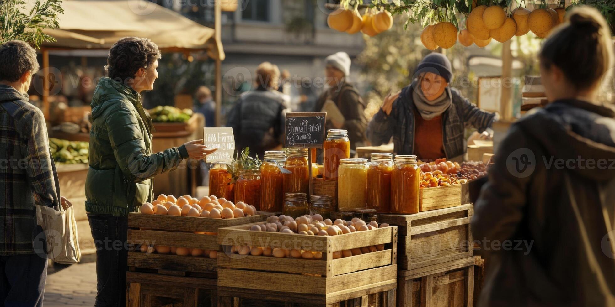 Vibrant Marketplace Scene with Vendors, Fresh Produce, and Customers Interacting at a Sunny Outdoor Farmer's Market in Autumn photo