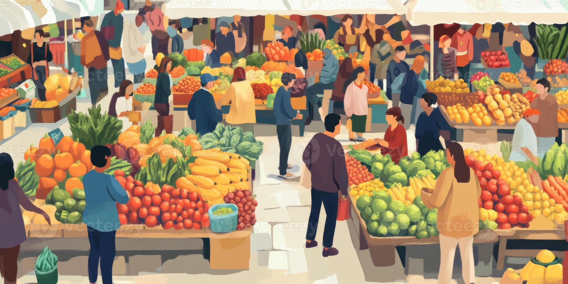A Vibrant Farmers Market Scene with Diverse Shoppers Engaging with Fresh Produce and Colorful Fruits and Vegetables Under a Bright Canopy photo