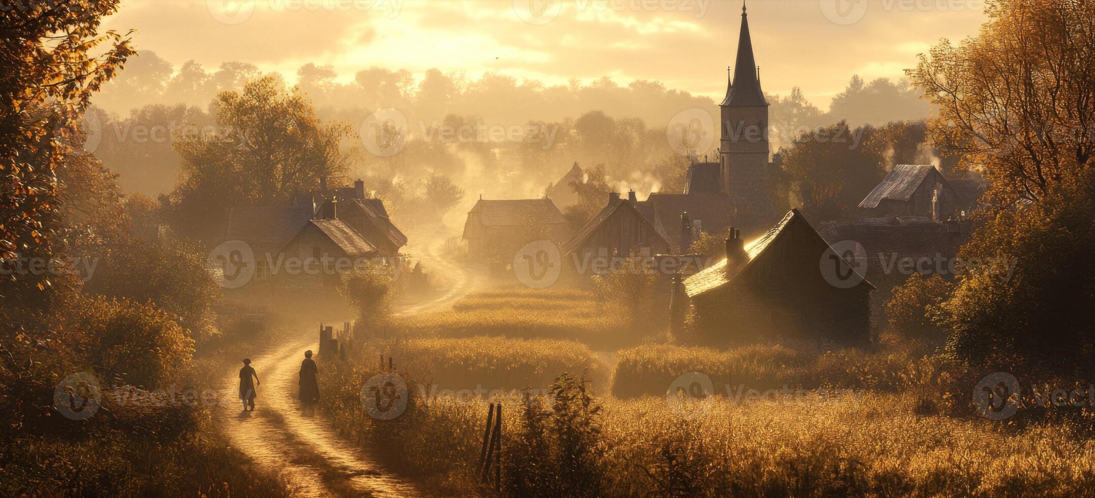 Serene Sunrise Over a Quaint Village Pathway Surrounded by Lush Fields and Historic Church Spire Illuminated by Golden Morning Light photo