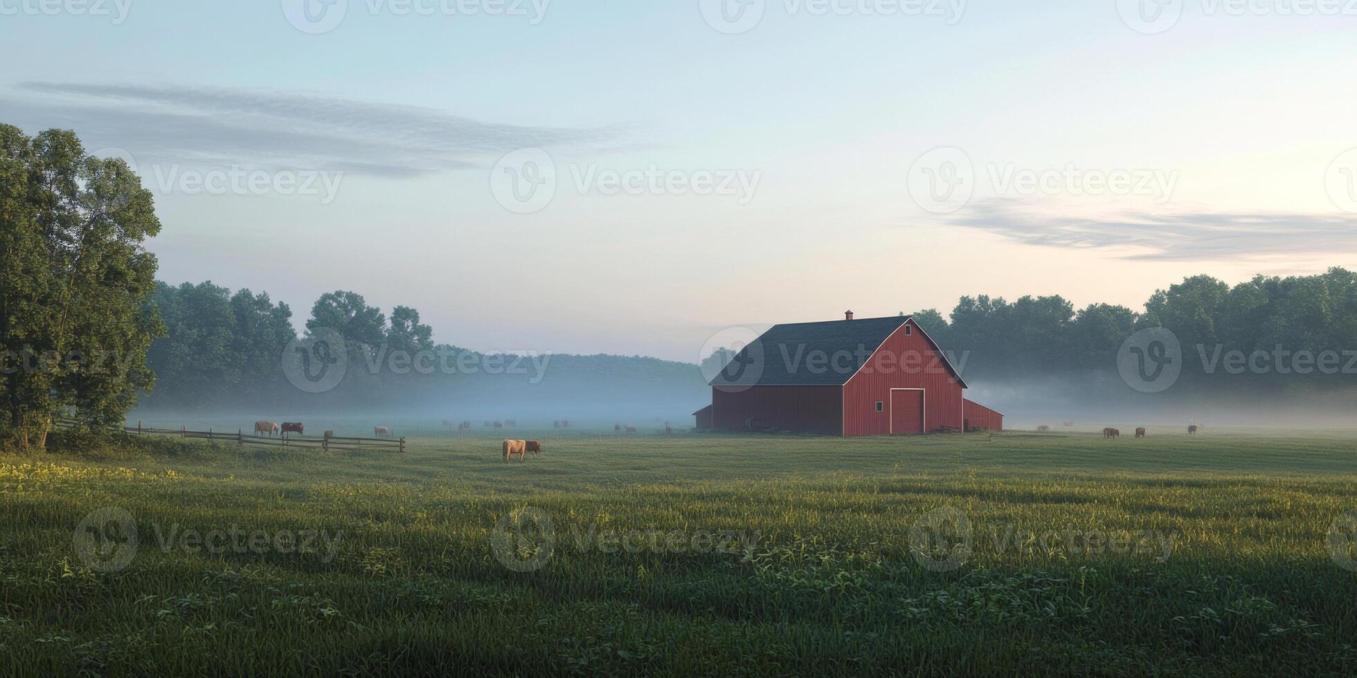 Tranquil Morning Scene of a Red Barn Surrounded by Misty Fields and Cattle in Idyllic Rural Landscape at Dawn photo
