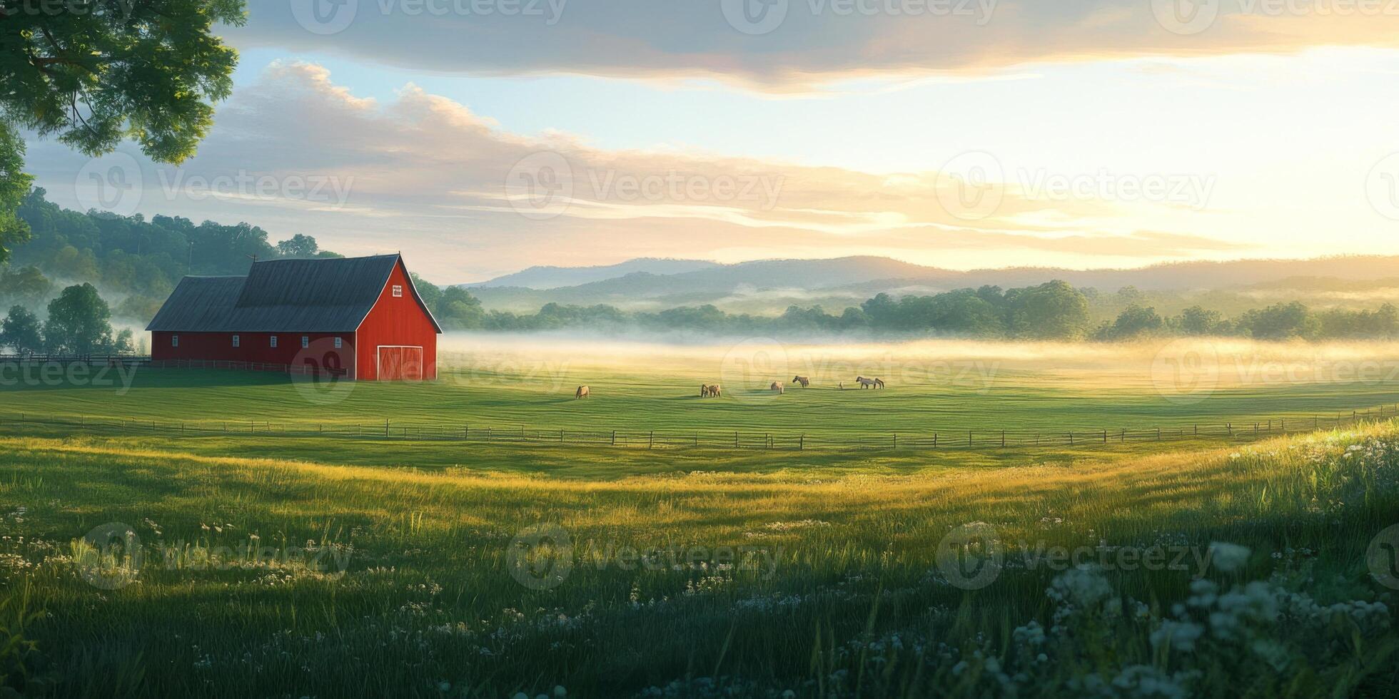 Serene Morning Landscape with Red Barn and Grazing Horses in a Lush Green Field Under Soft Sunrise Light photo