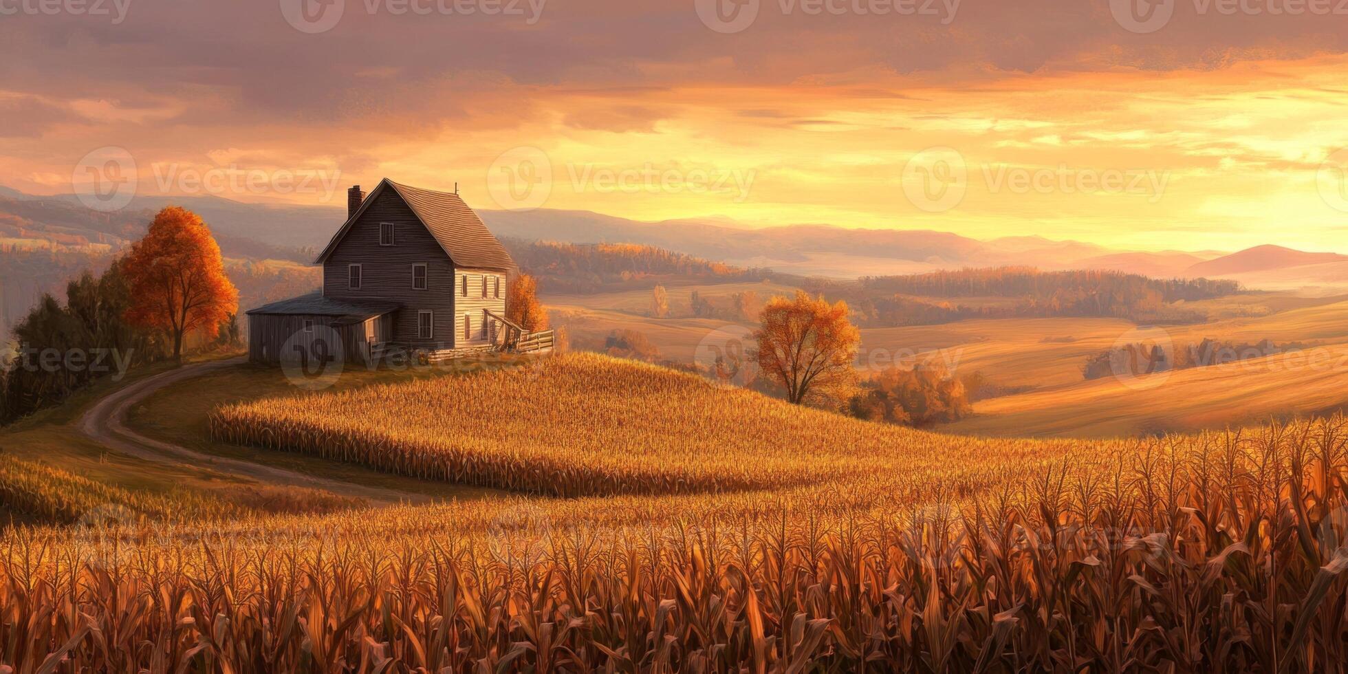 Serene Autumn Landscape with a Quaint House Nestled Amidst Golden Fields and Rolling Hills Under a Vibrant Sunset Sky in a Peaceful Rural Setting photo