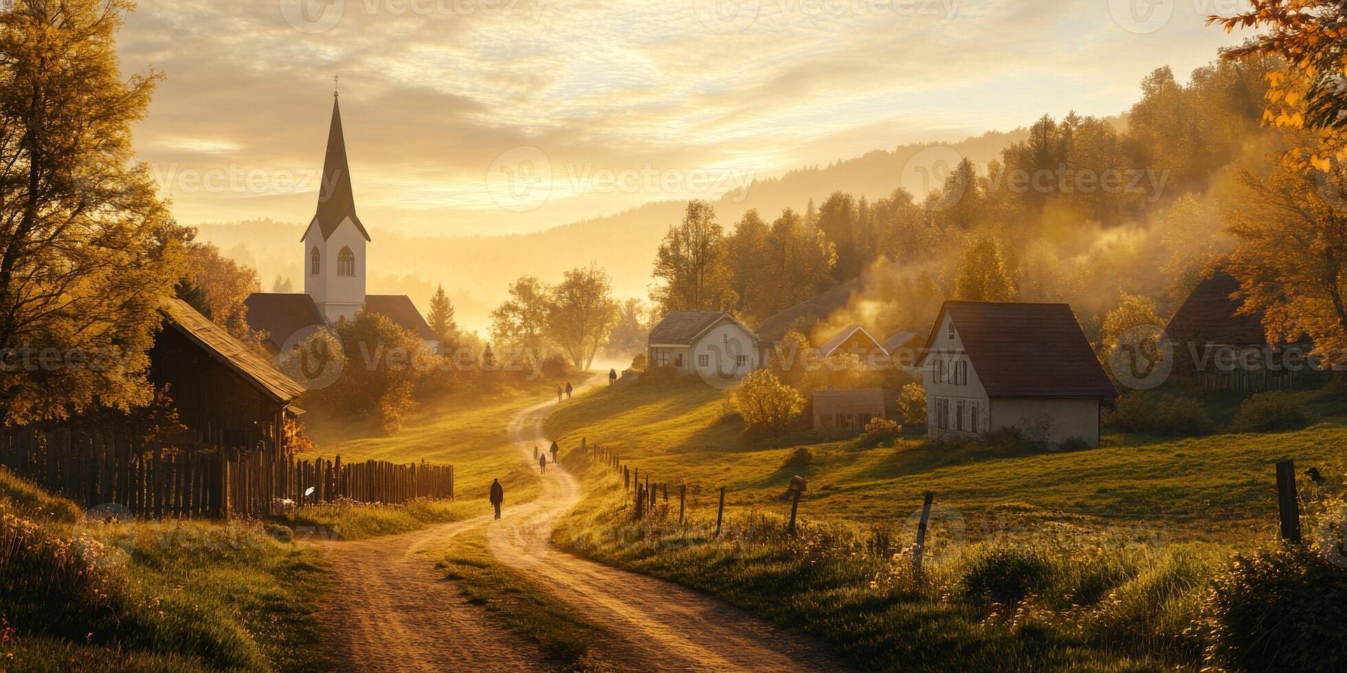 Tranquil Sunrise in a Serene Village Landscape with Rolling Hills and a Charming Church Steeple Surrounded by Autumn Colors and Misty Atmosphere photo