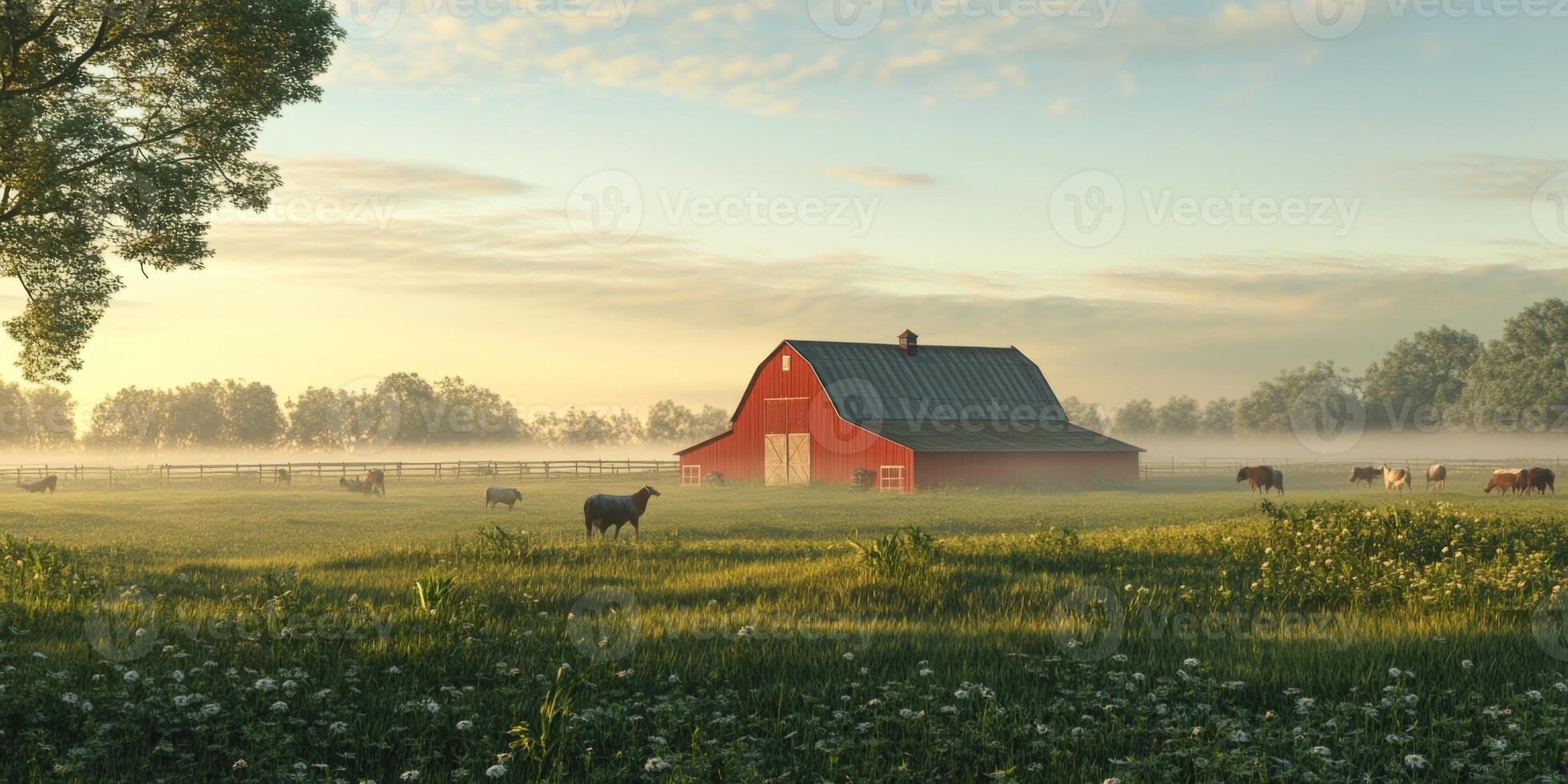 Tranquil Rural Scene with Red Barn Under Clear Sky Surrounded by Green Fields and Cattle Grazing on Early Morning Light photo