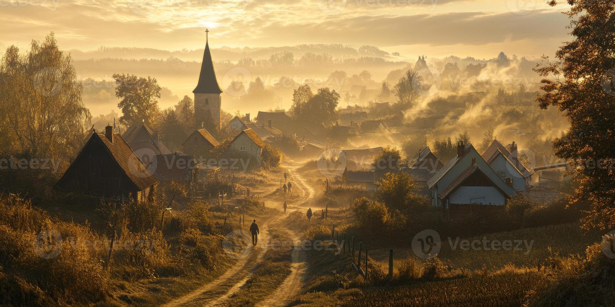 Serene Village Landscape at Dawn with Misty Hills, Church Tower, and Pathway, Evoking Tranquility in Natural Environment photo