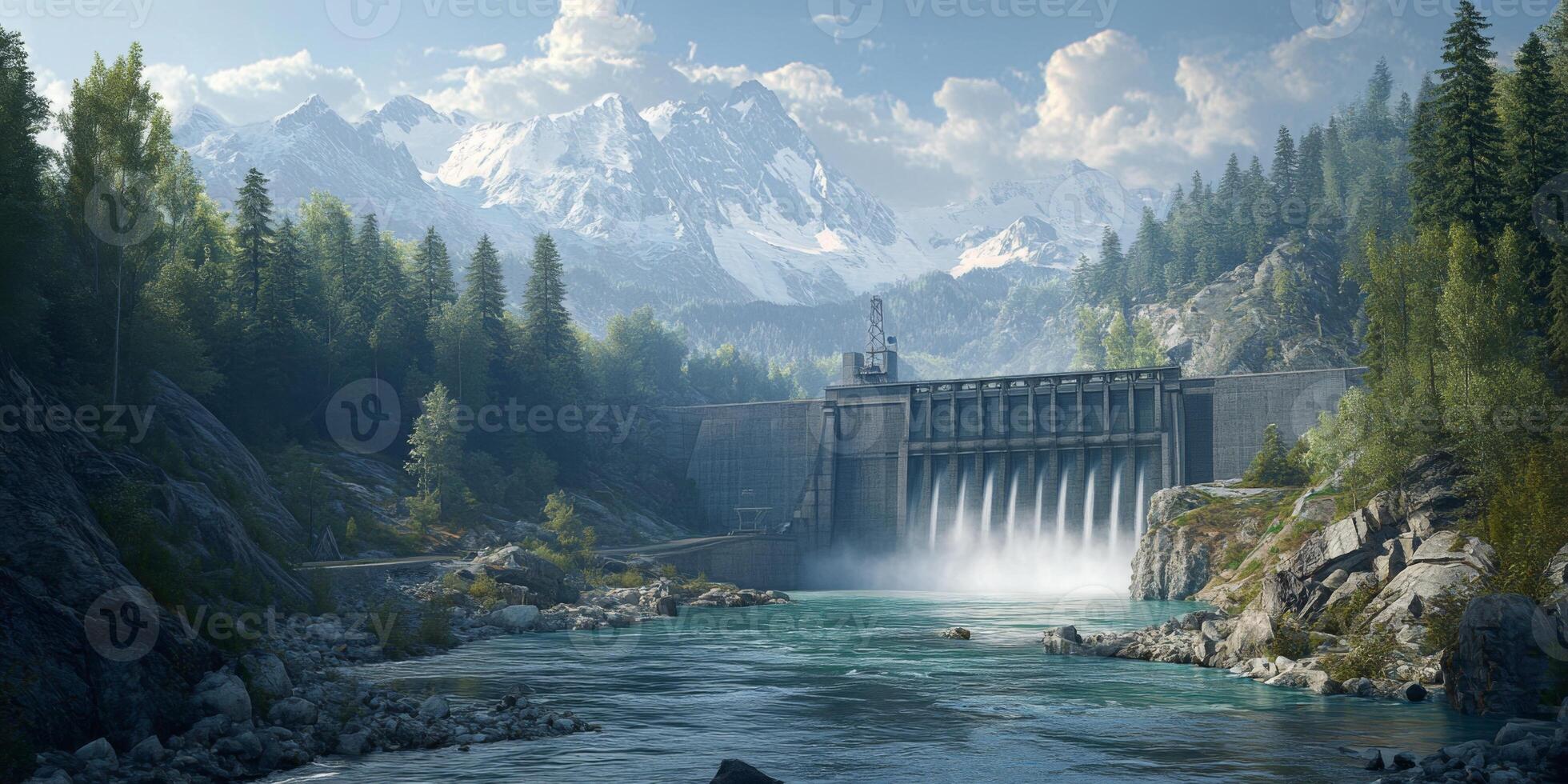 Scenic mountain landscape with a dam and flowing river, surrounded by lush greenery and majestic peaks under a bright blue sky photo