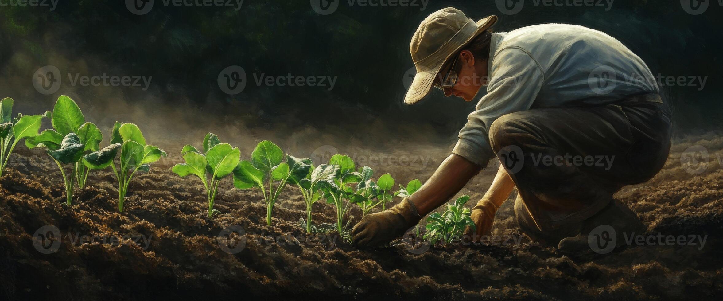 Dedicated farmer carefully planting seedlings in rich soil under warm sunlight, showcasing the beauty of agriculture and sustainable practices in a vibrant environment photo