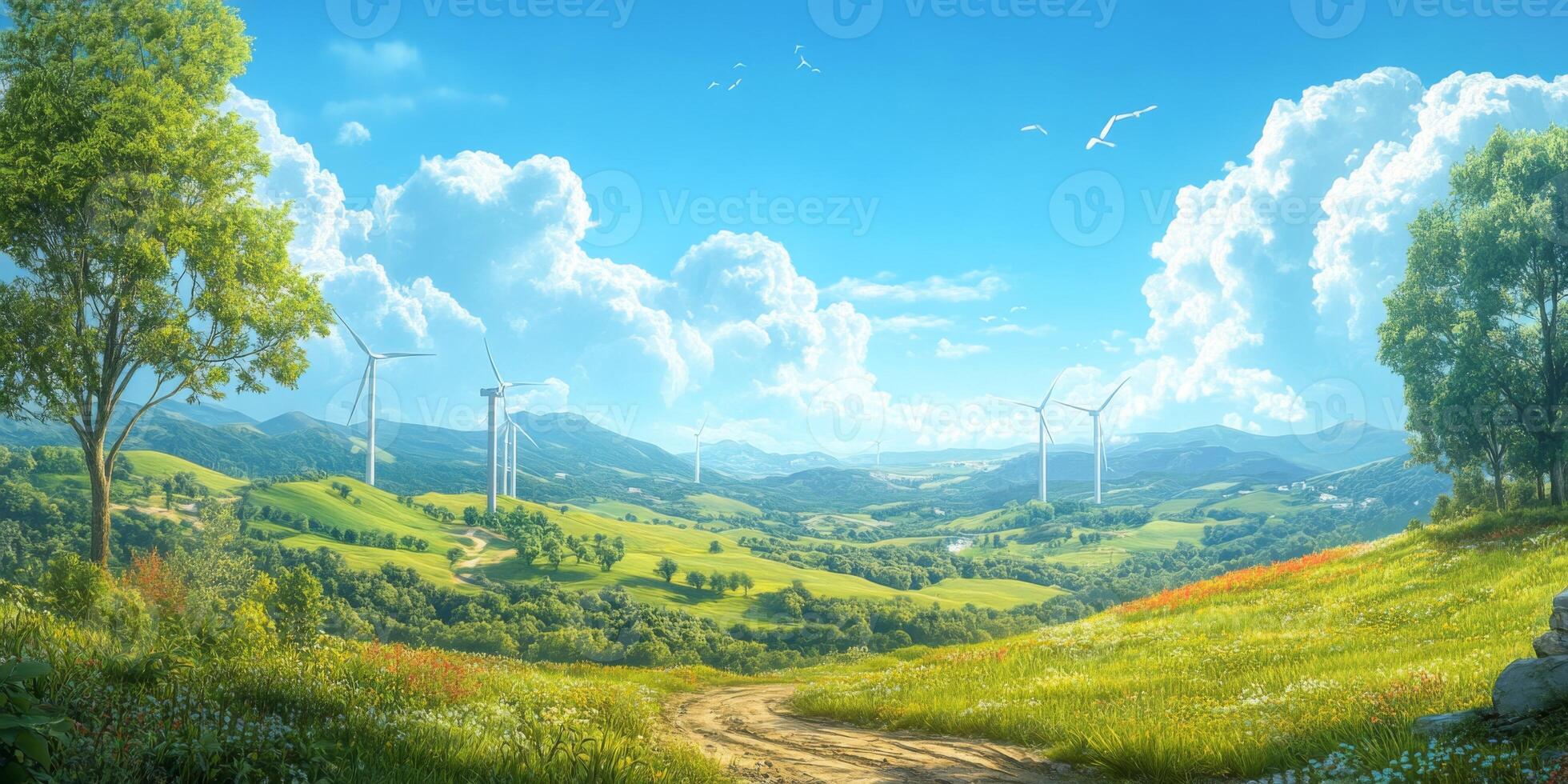 Scenic countryside landscape featuring wind turbines under a clear blue sky with fluffy clouds and vibrant greenery in a serene rural setting photo