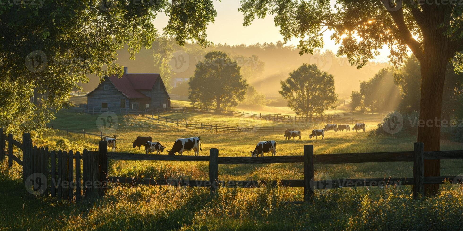 Serene Pastoral Landscape at Sunrise with Cows Grazing in a Meadow Surrounded by Trees and Fence in Beautiful Rural Setting photo