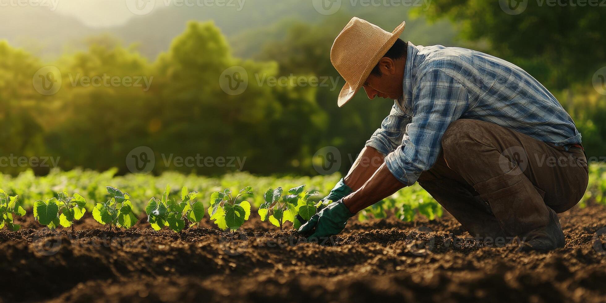 Farmer Planting Seeds in Lush Green Field during Sunrise, Showcasing Sustainable Agriculture Practices and Connection to Nature in Rural Landscape photo