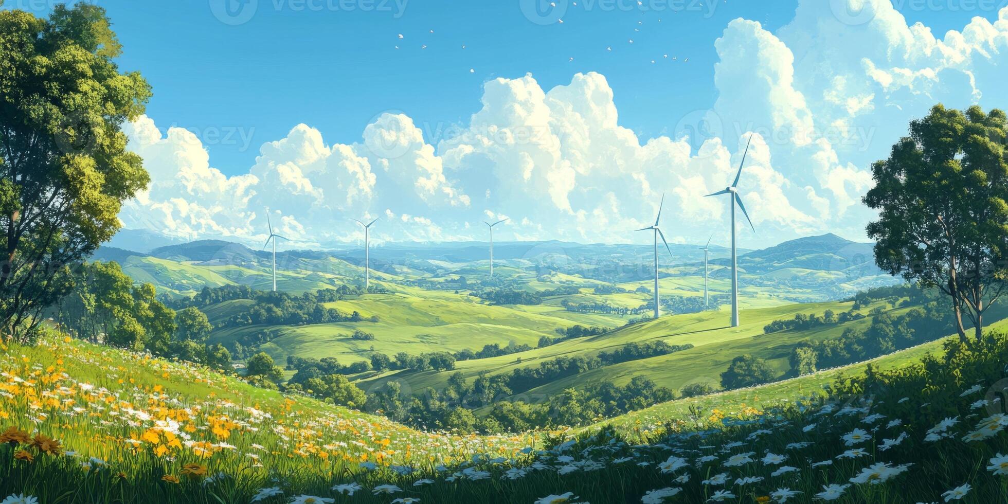 Lush Green Valley with Wind Turbines Under Blue Sky and Fluffy Clouds in Bright Sunlight, Scenic Landscape with Flowers and Nature Peacefulness photo