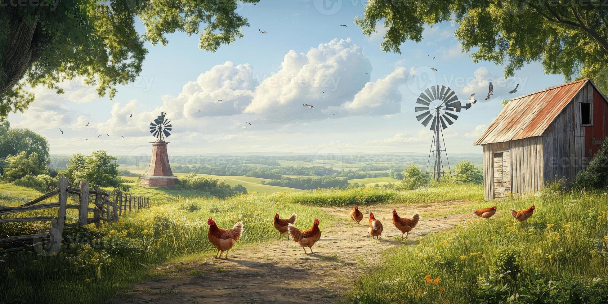Serene Countryside Landscape with Chickens, Windmills, and a Rustic Shed under a Blue Sky Filled with Fluffy Clouds and Green Lush Fields photo