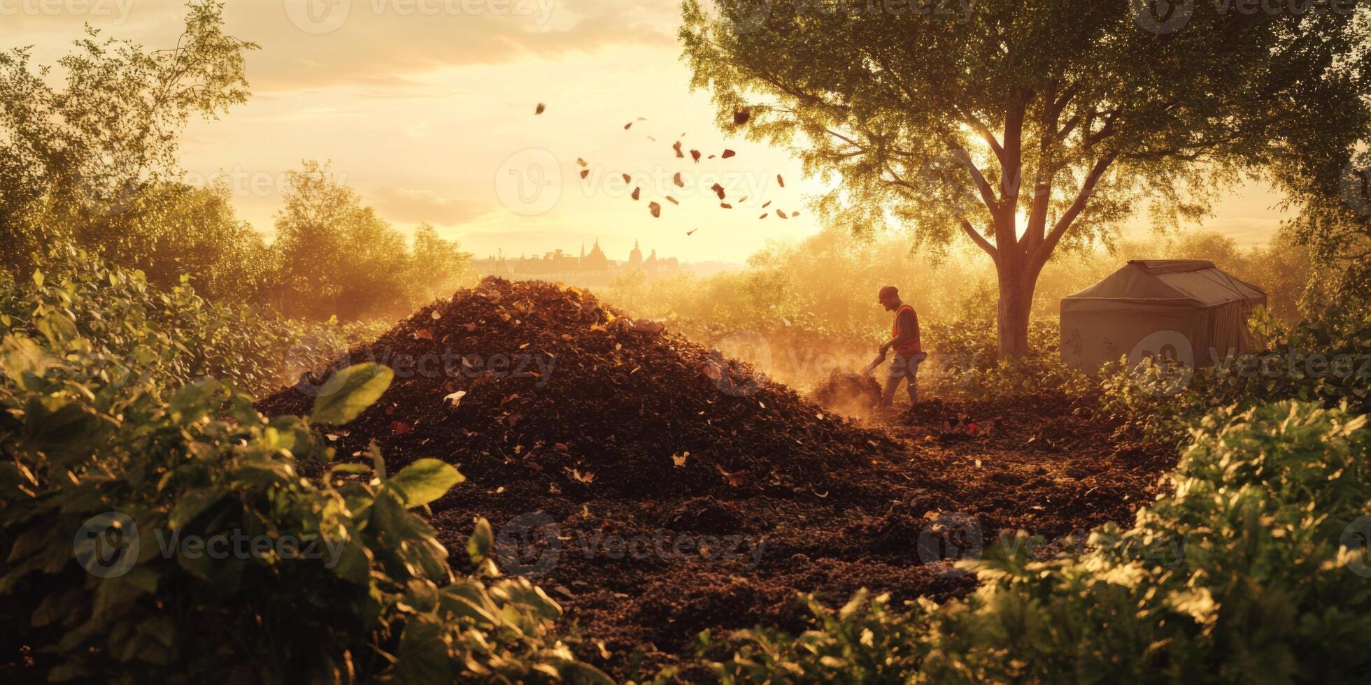 Early morning light illuminates a farmer working in a lush field with a mound of rich soil, surrounded by greenery and a serene landscape in the background. photo
