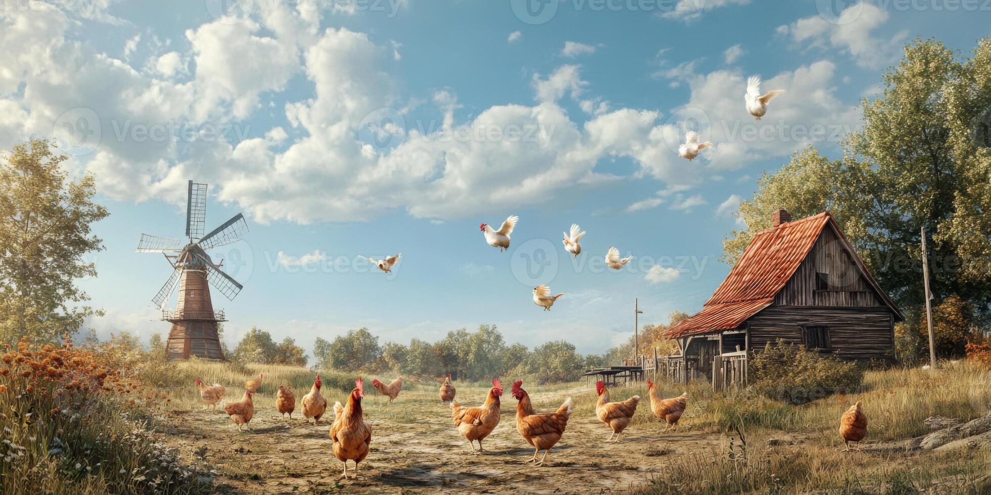Peaceful Countryside Scene with Windmill, Chickens, and Rustic Barn Under a Bright Blue Sky with Fluffy White Clouds photo