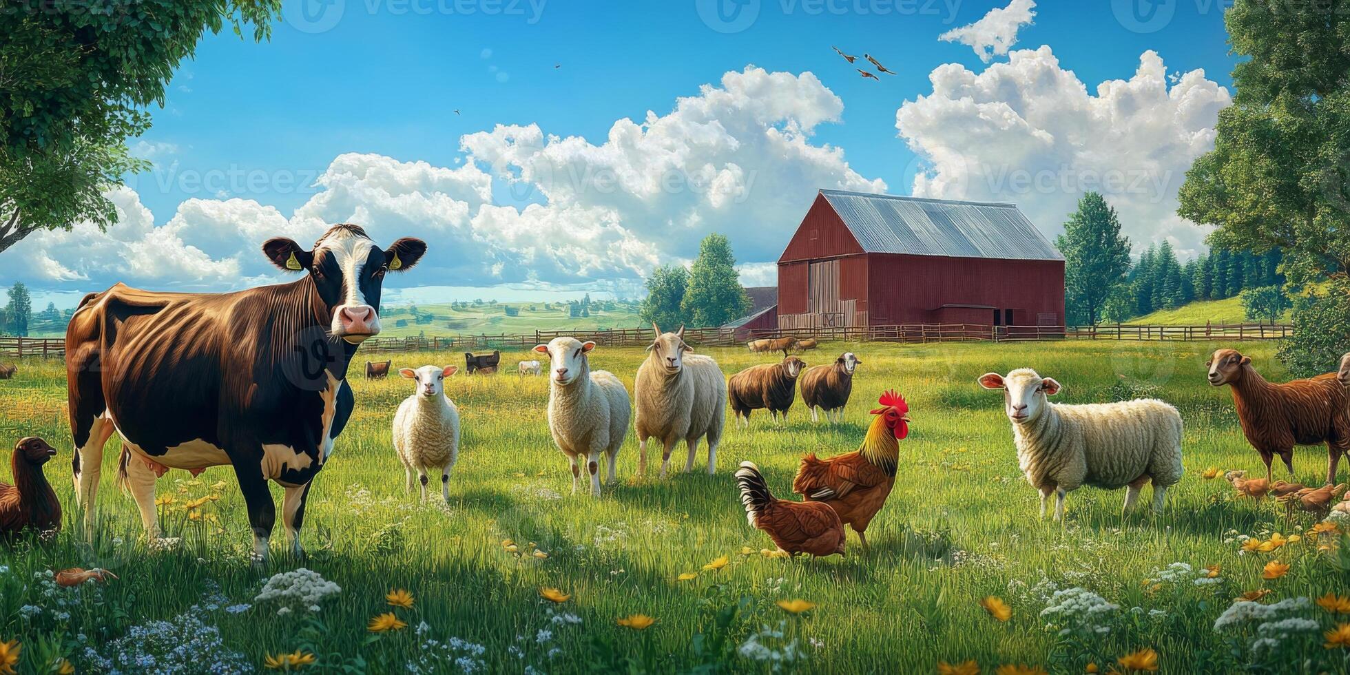 Peaceful Farm Scene with Cows, Sheep, Chickens, and Barn Under Bright Blue Sky and Fluffy Clouds Surrounded by Green Grass and Wildflowers photo