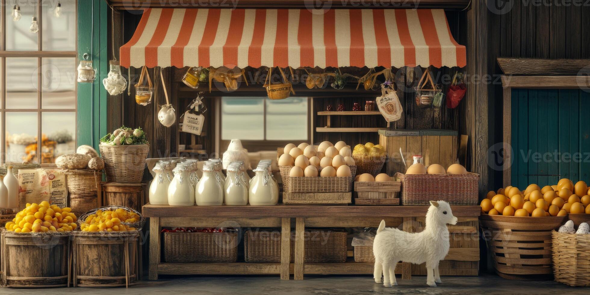 Charming Rustic Market Scene with Fresh Produce, Jars, Baskets, and a Playful Goat in a Bright and Inviting Setting photo