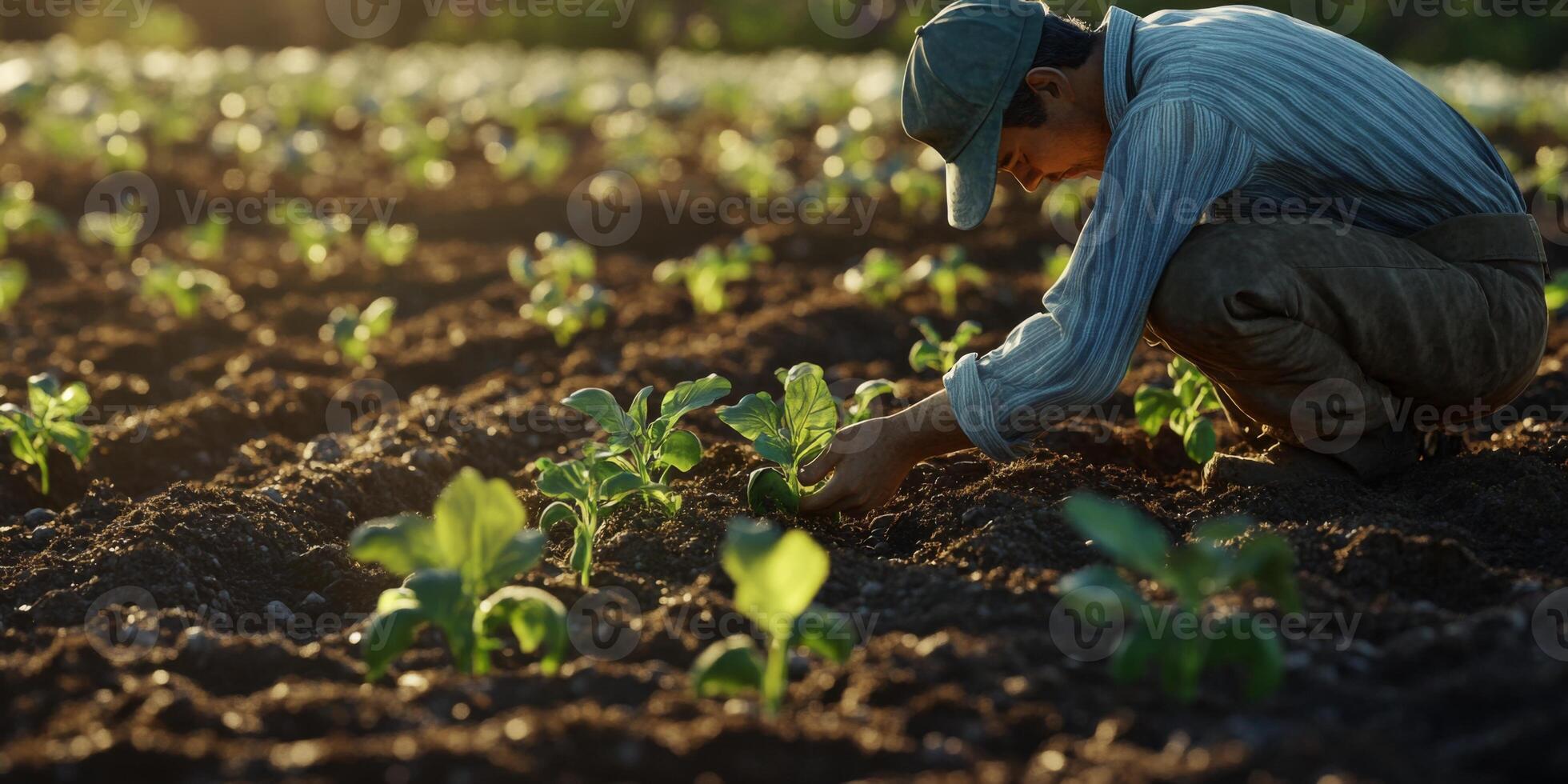 Farmer Planting Seedlings in a Sunlit Field with Lush Green Plants Surrounded by Soil and Natural Light on a Clear Day photo