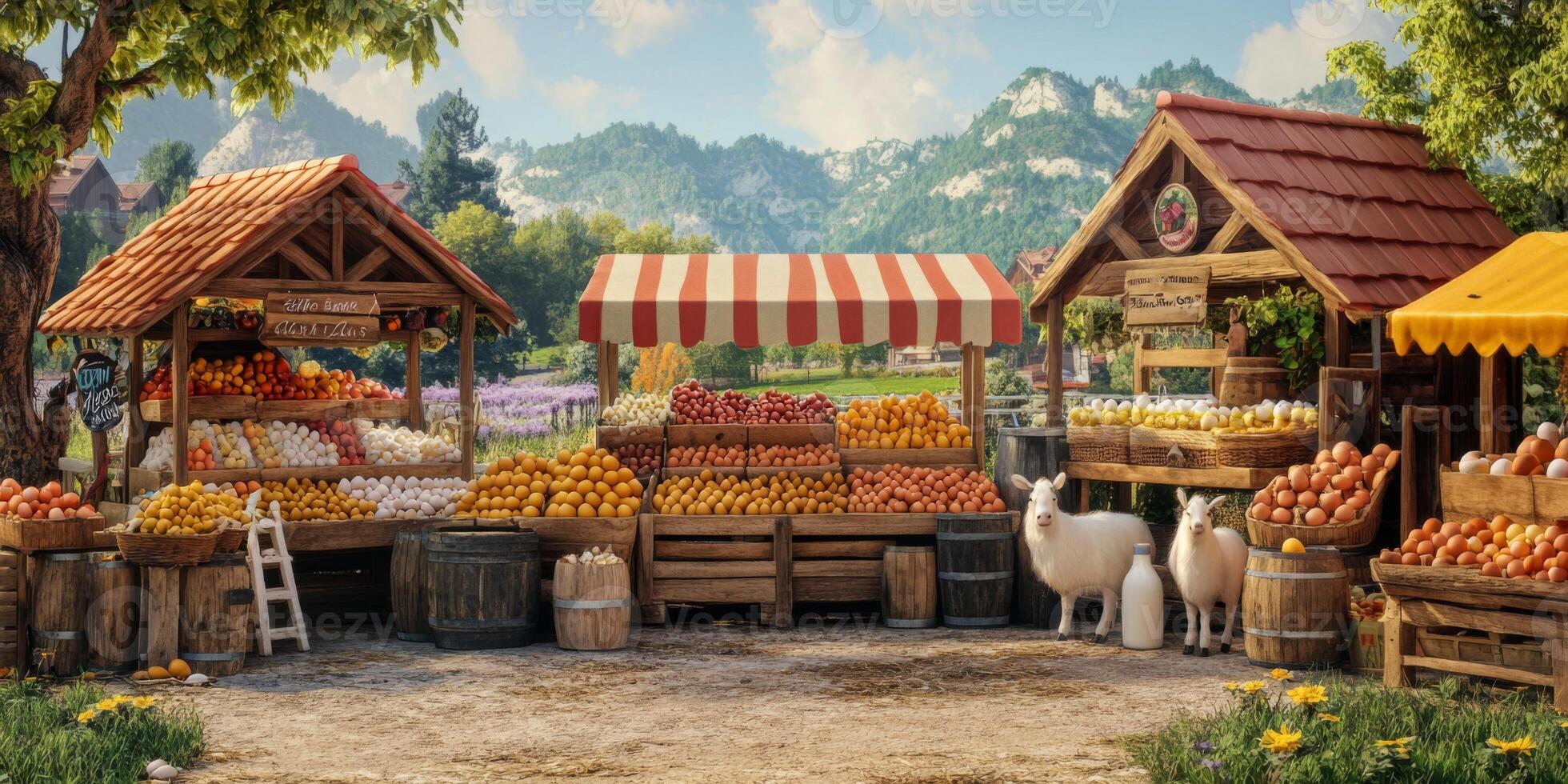 Vibrant Fruit Market with Colorful Stalls Surrounded by Nature, Mountains, and Lush Greenery, Showcasing Fresh Produce in a Scenic Rural Setting photo