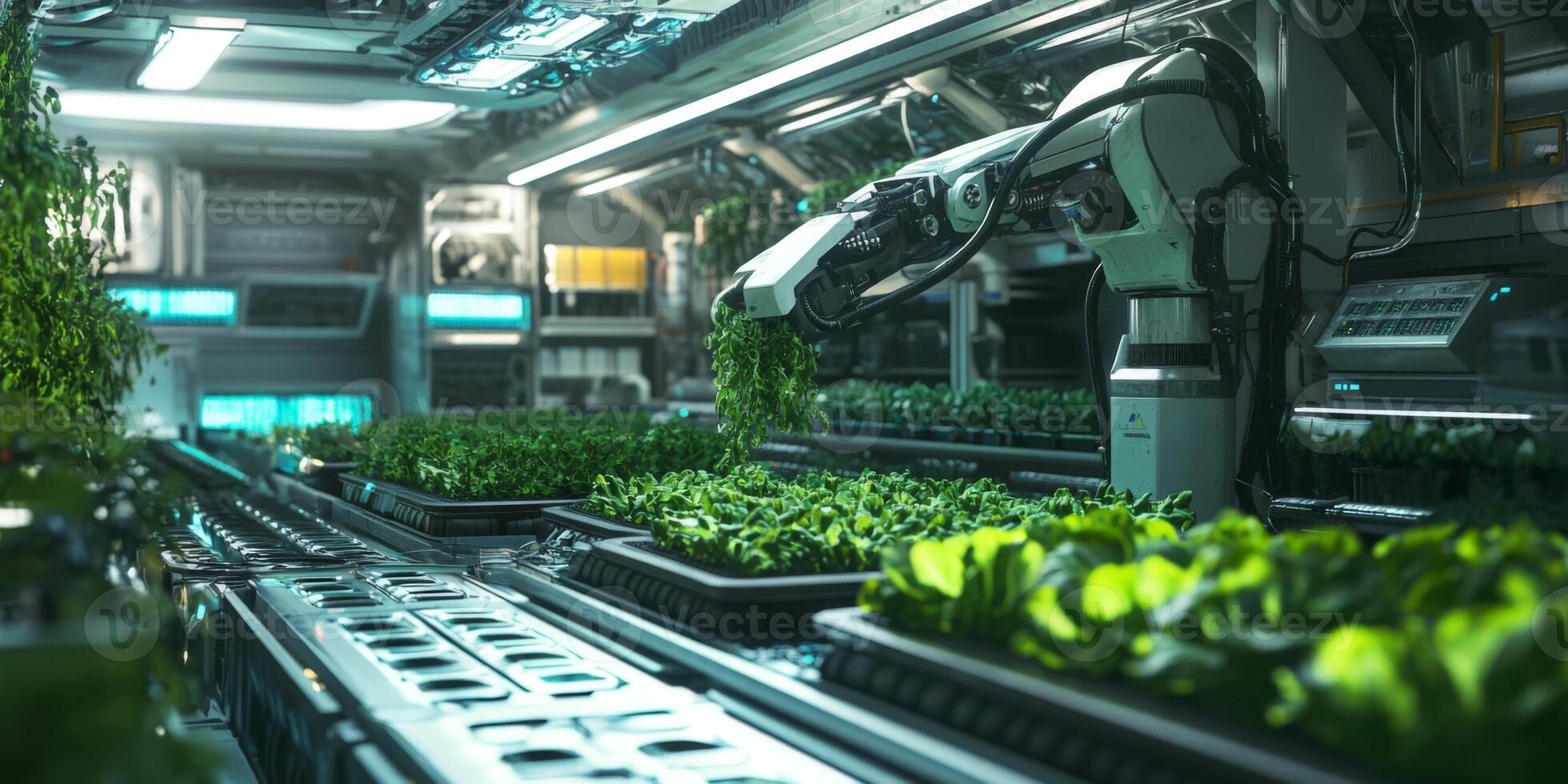 Advanced Robotic Arm Cultivating Fresh Vegetables in a Futuristic Hydroponic Farm with Lush Green Plants and High-Tech Environment photo