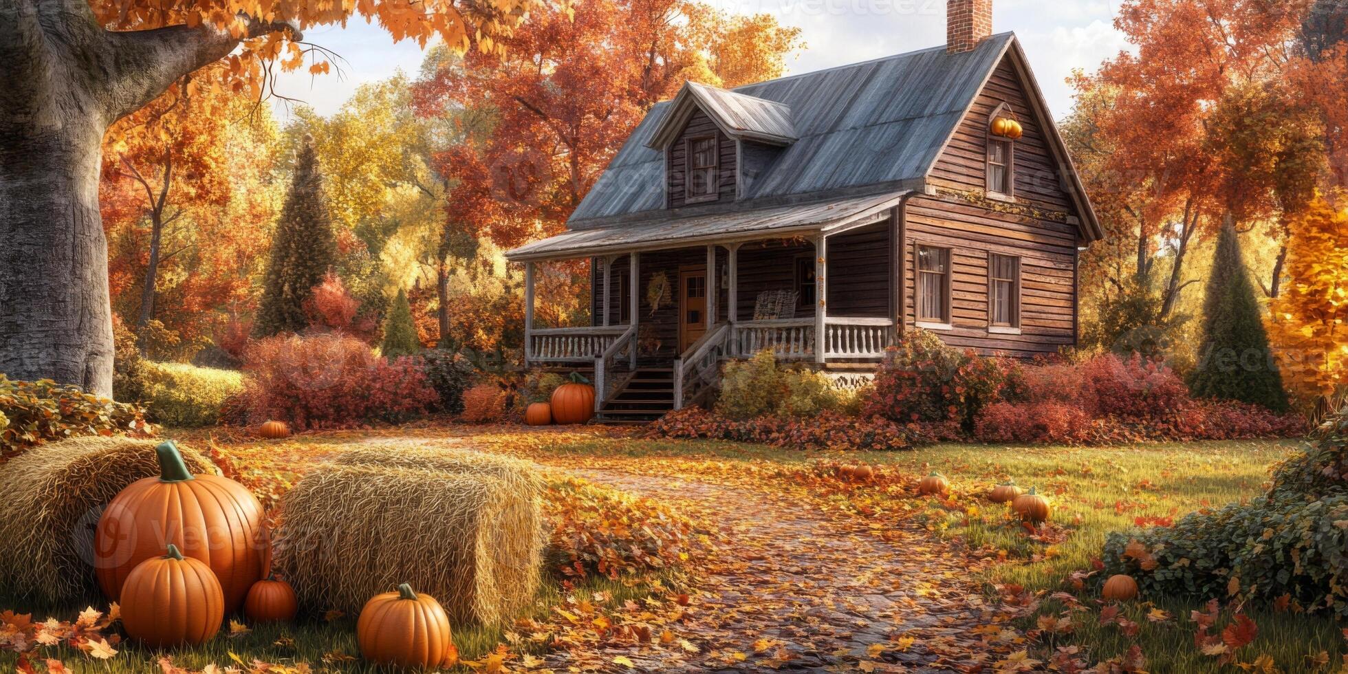 Charming Rustic House Surrounded by Vibrant Autumn Foliage with Pumpkin Decorations in a Serene Landscape of Fall Colors photo