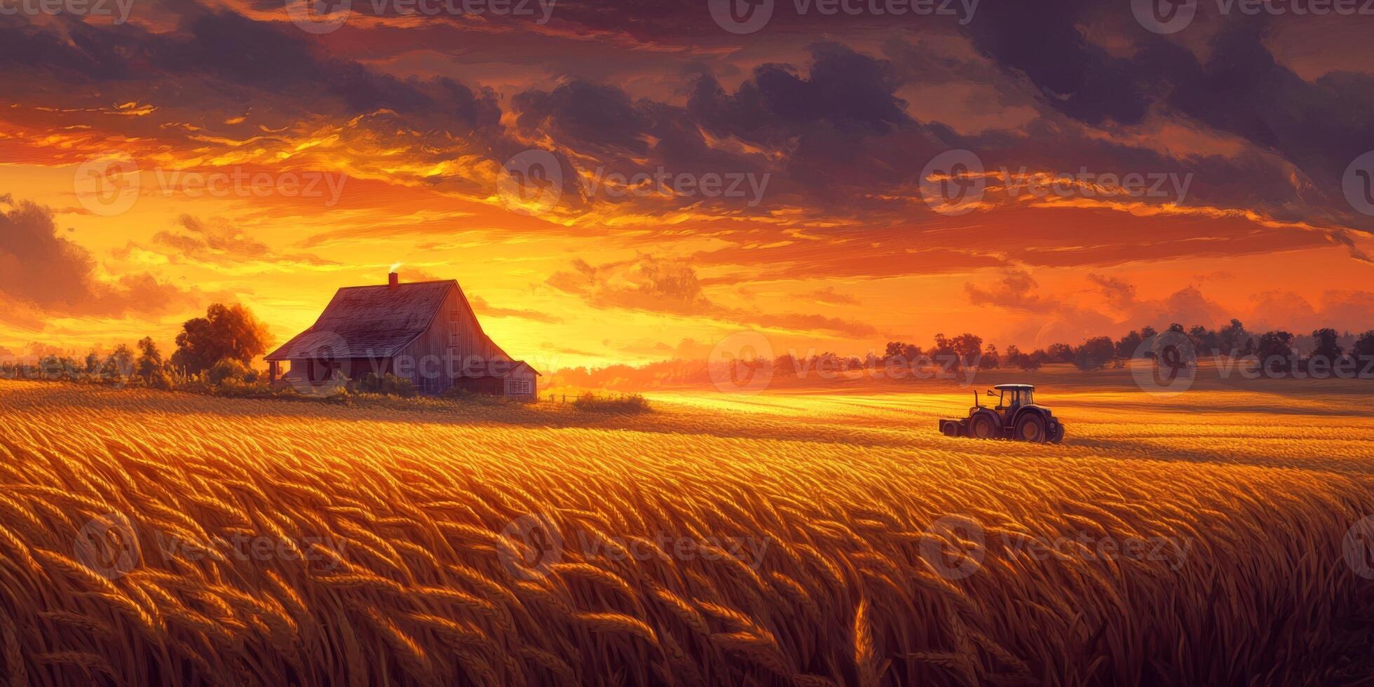 Serene Golden Sunset over Wheat Field with Barn and Tractor, Capturing Tranquility in Farm Life and Nature's Beauty at Dusk photo