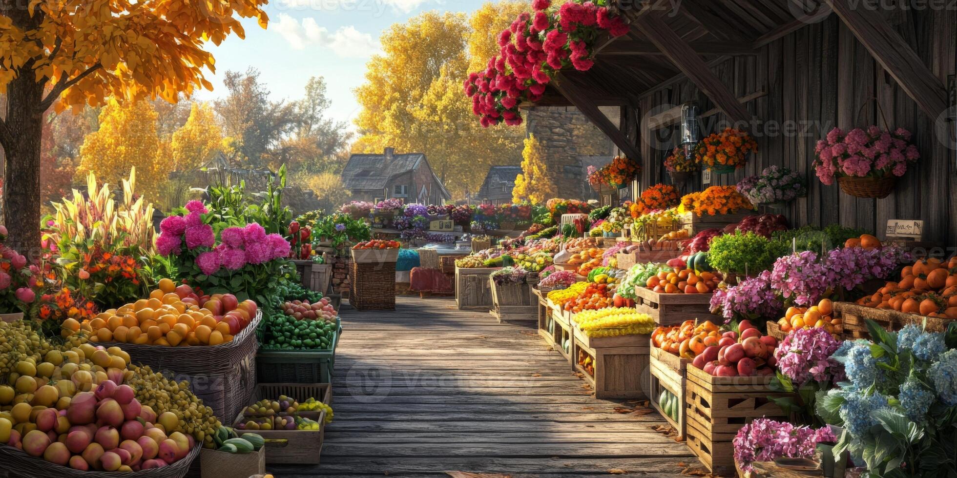 Vibrant Farmer's Market Displaying Fresh Fruits and Colorful Flowers Surrounded by Autumn Leaves in a Rustic Setting photo