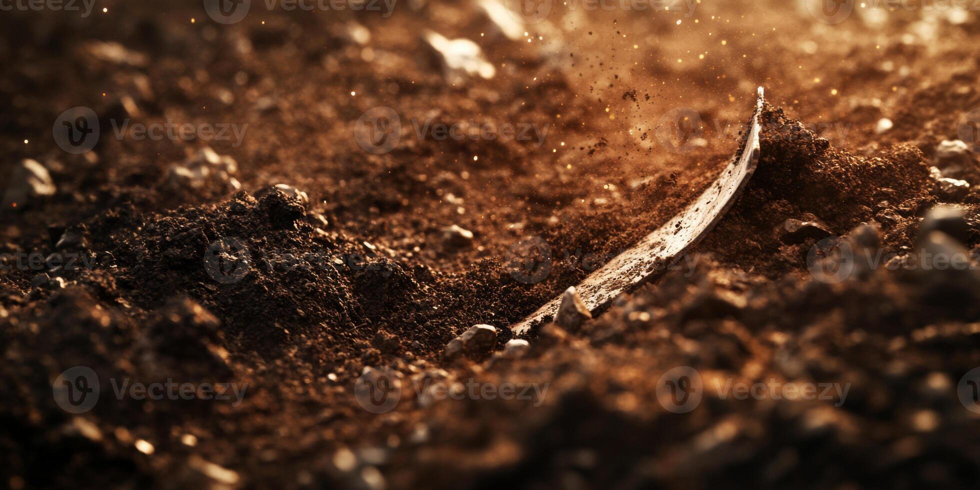 Glimmering Piece of Metal Half-Buried in Rich Brown Soil with Light Flares and Dust Particles in Warm Natural Environment photo
