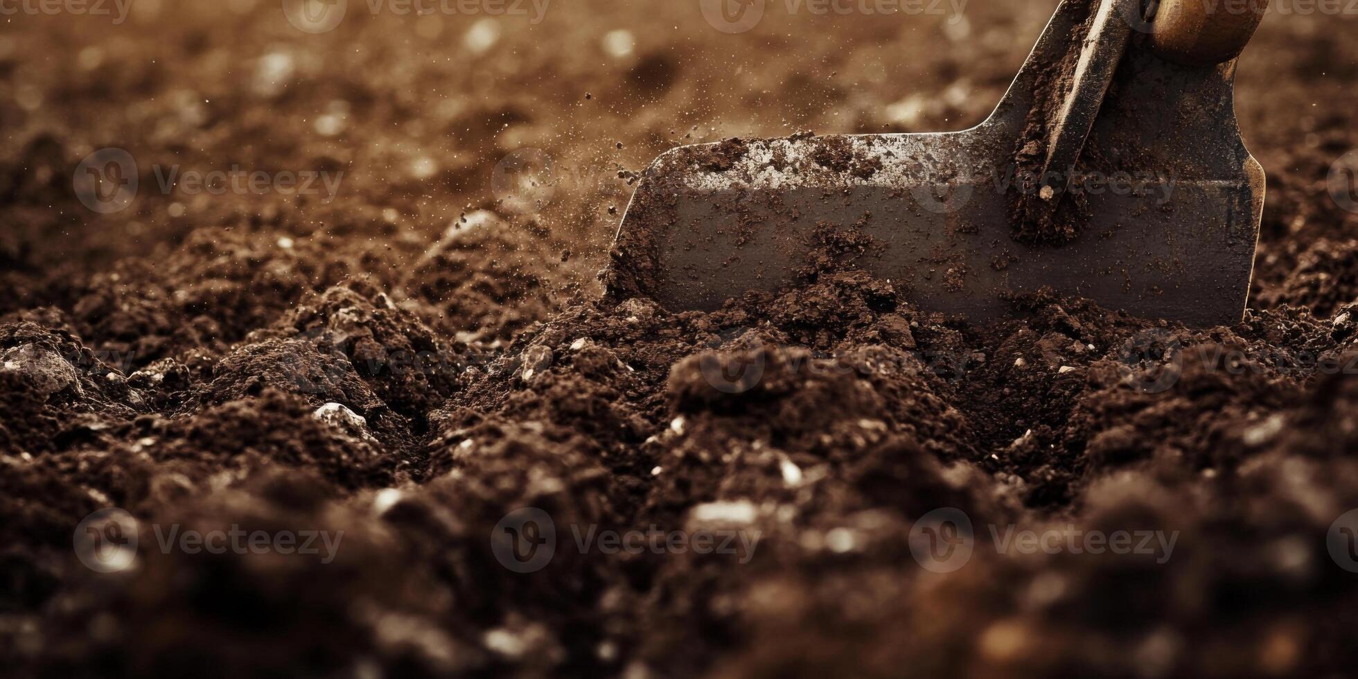 Close-Up of a Gardening Trowel Digging into Rich, Dark Soil in a Sunlit Garden, Capturing the Essence of Outdoor Gardening and Soil Preparation Essentials photo