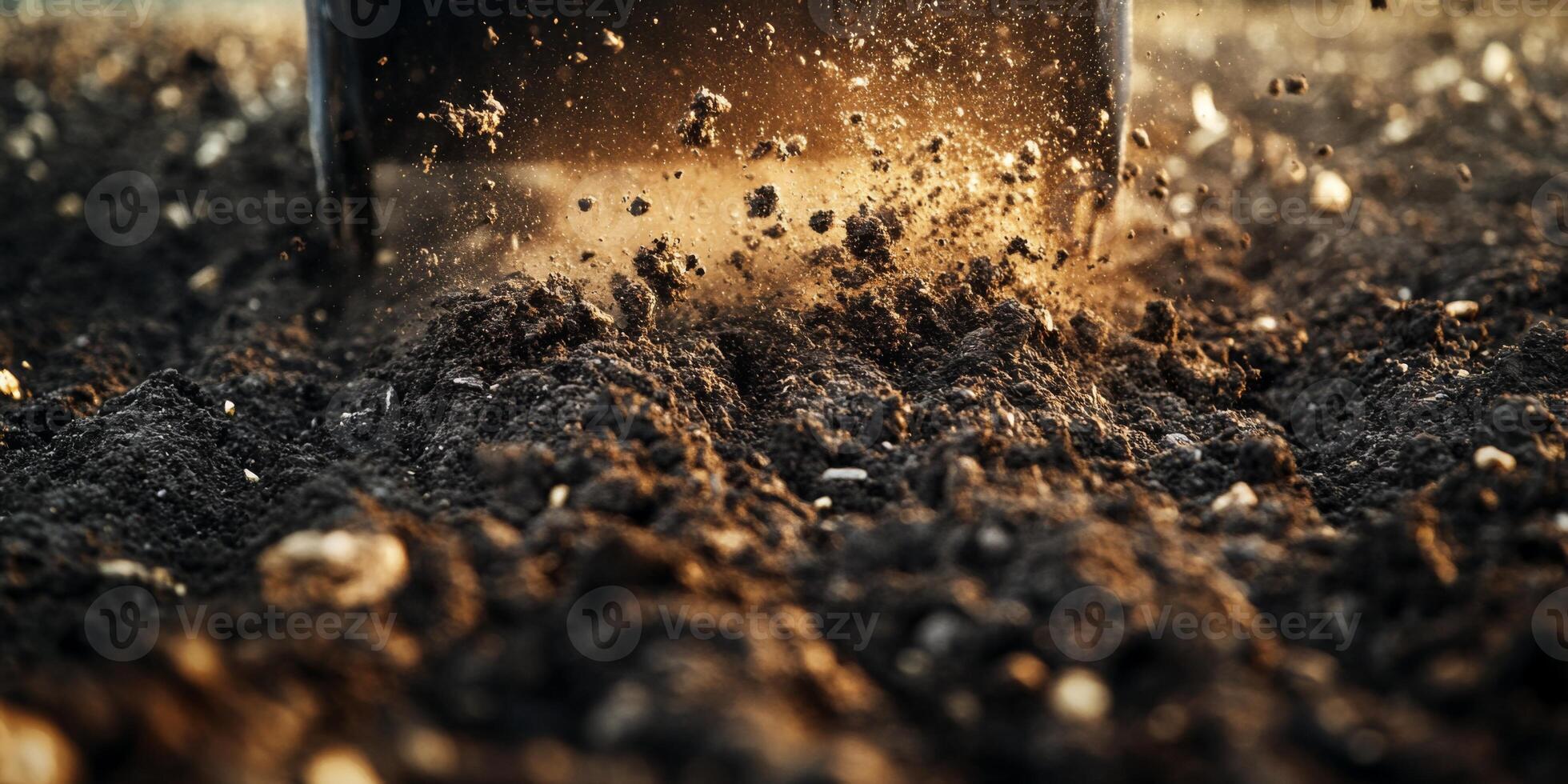 Close-Up of Soil Being Tilled by Agricultural Equipment with Dust Clouds Rising, Capturing the Essence of Farming and Cultivation Techniques photo
